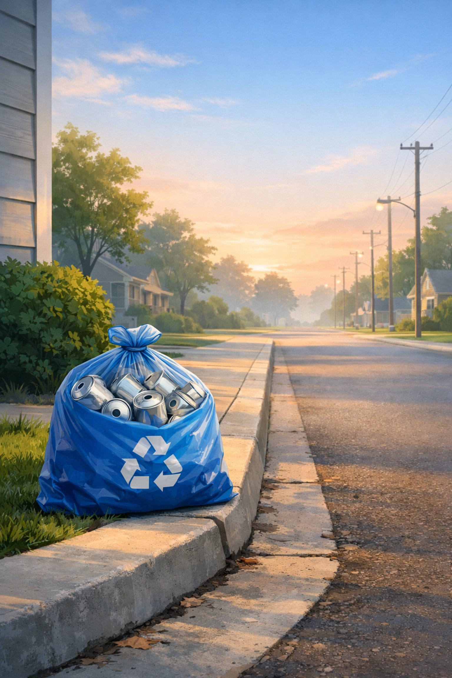 Blue recycling bag with aluminum cans on curb awaiting Empteez curbside pickup