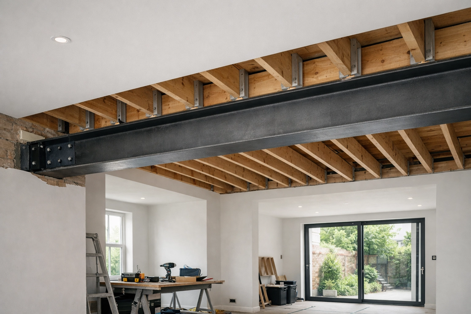 RSJ beam installation in a London HMO property, demonstrating integrated architecture and structural engineering.