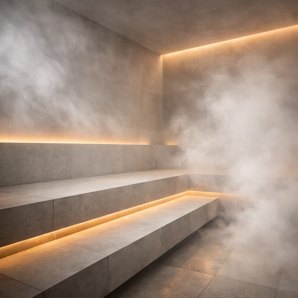 Modern minimalist steam room on Seabourn Quest with soft lighting and thick relaxing steam.