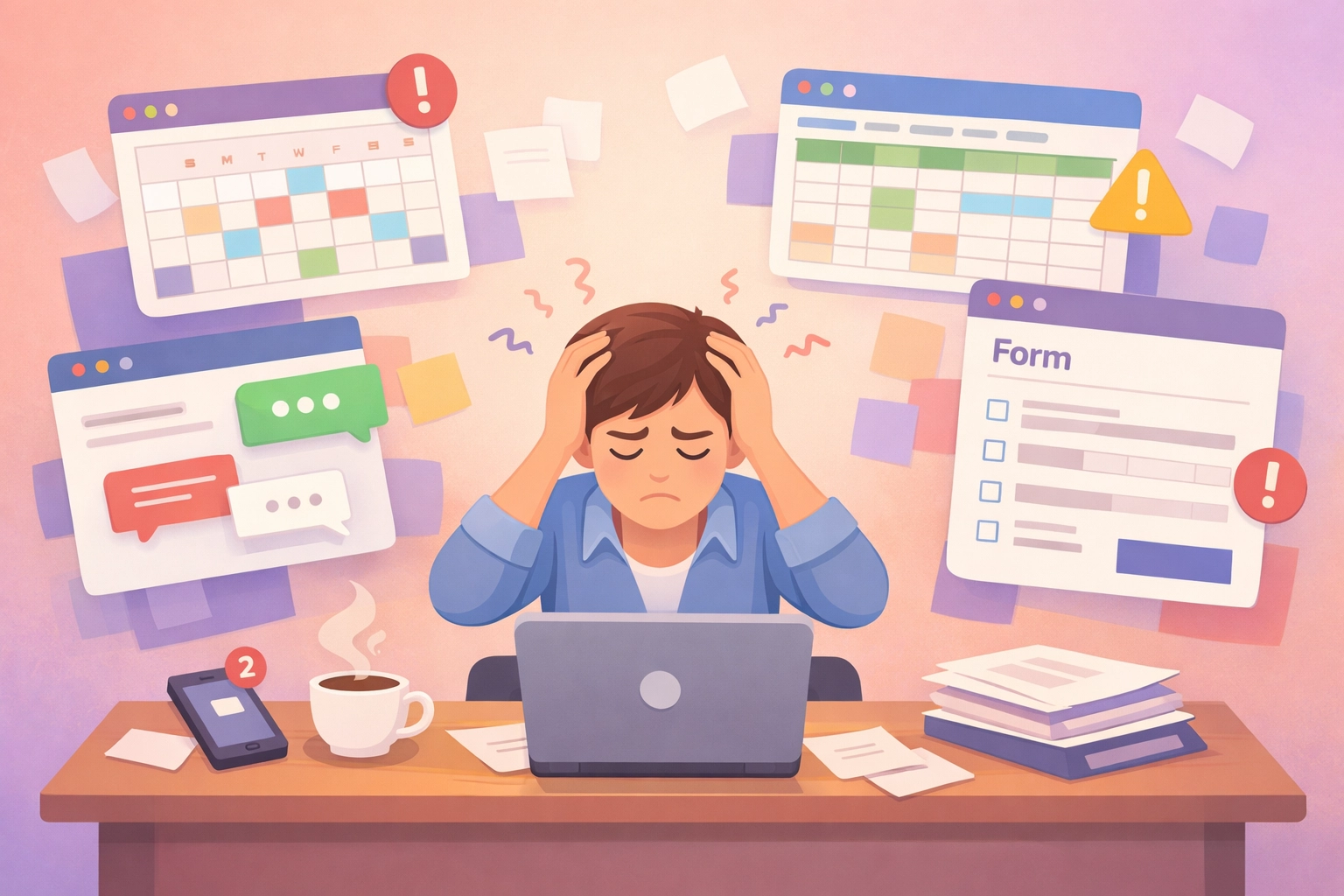 Business owner overwhelmed by multiple software tools and disconnected platforms