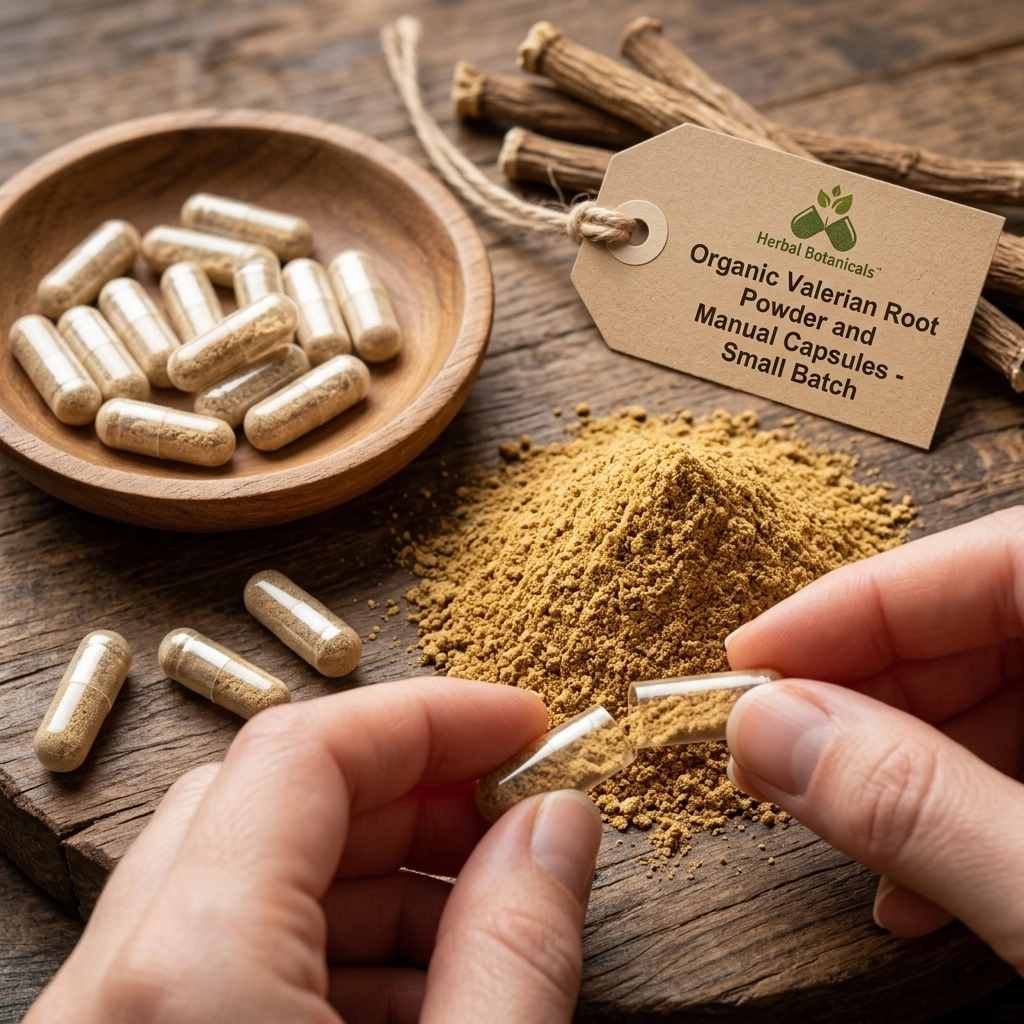Macro photography of fresh organic herbal powder and capsules being hand-filled on a wooden surface.
