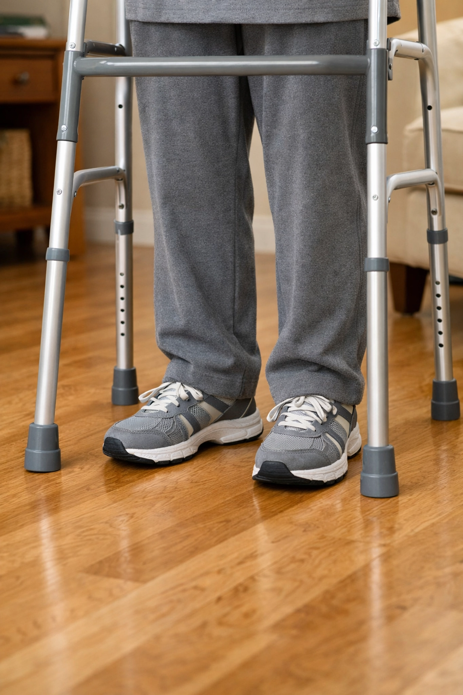 Senior person showing correct posture and foot placement while standing inside a walker frame.