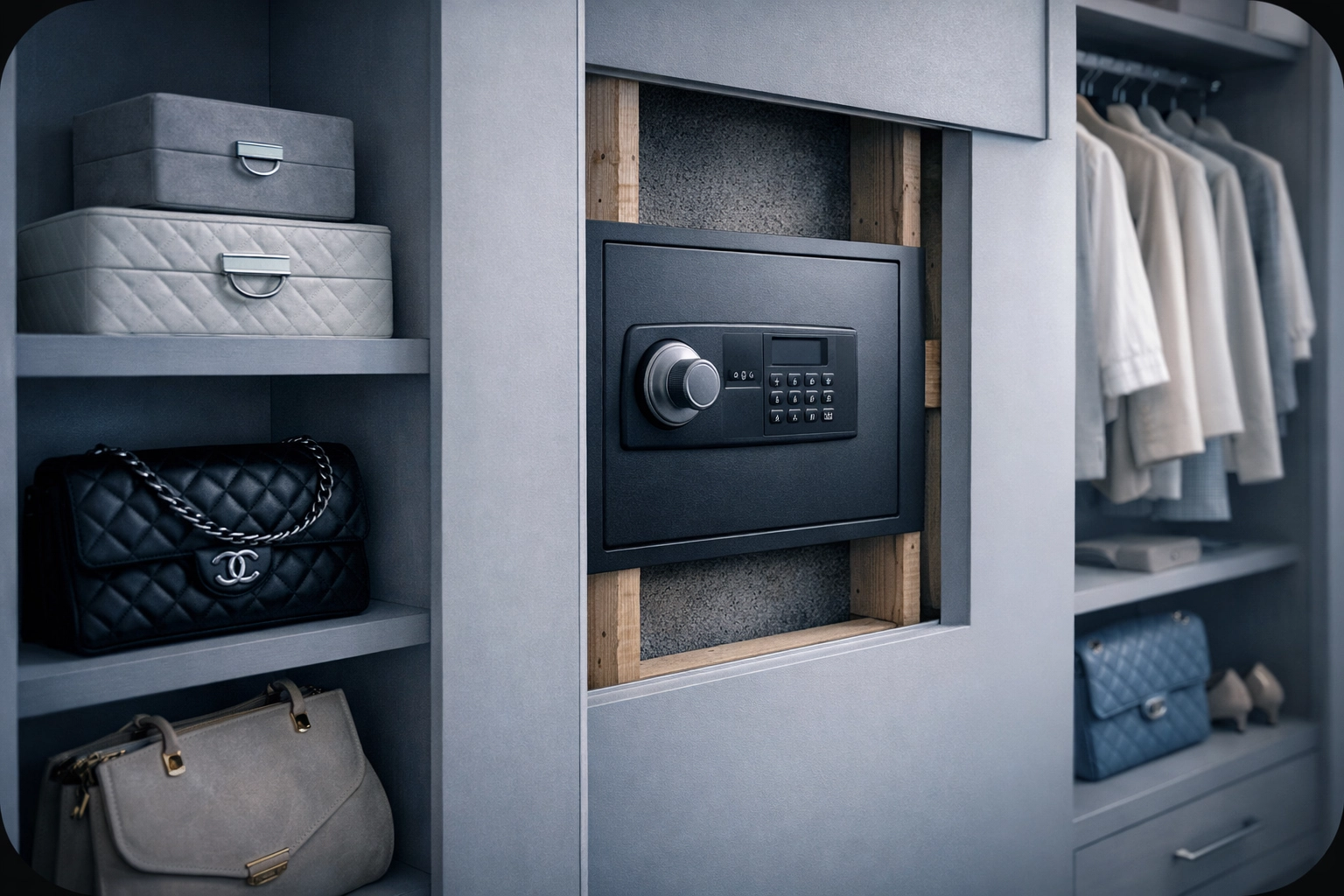 Wall safe installed in luxury walk-in closet for secure jewelry storage