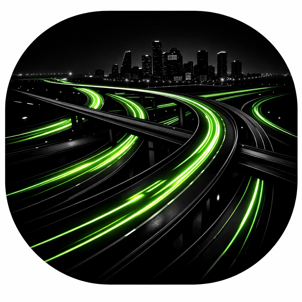Digital art of Houston highway interchange at night for local towing Houston visibility.