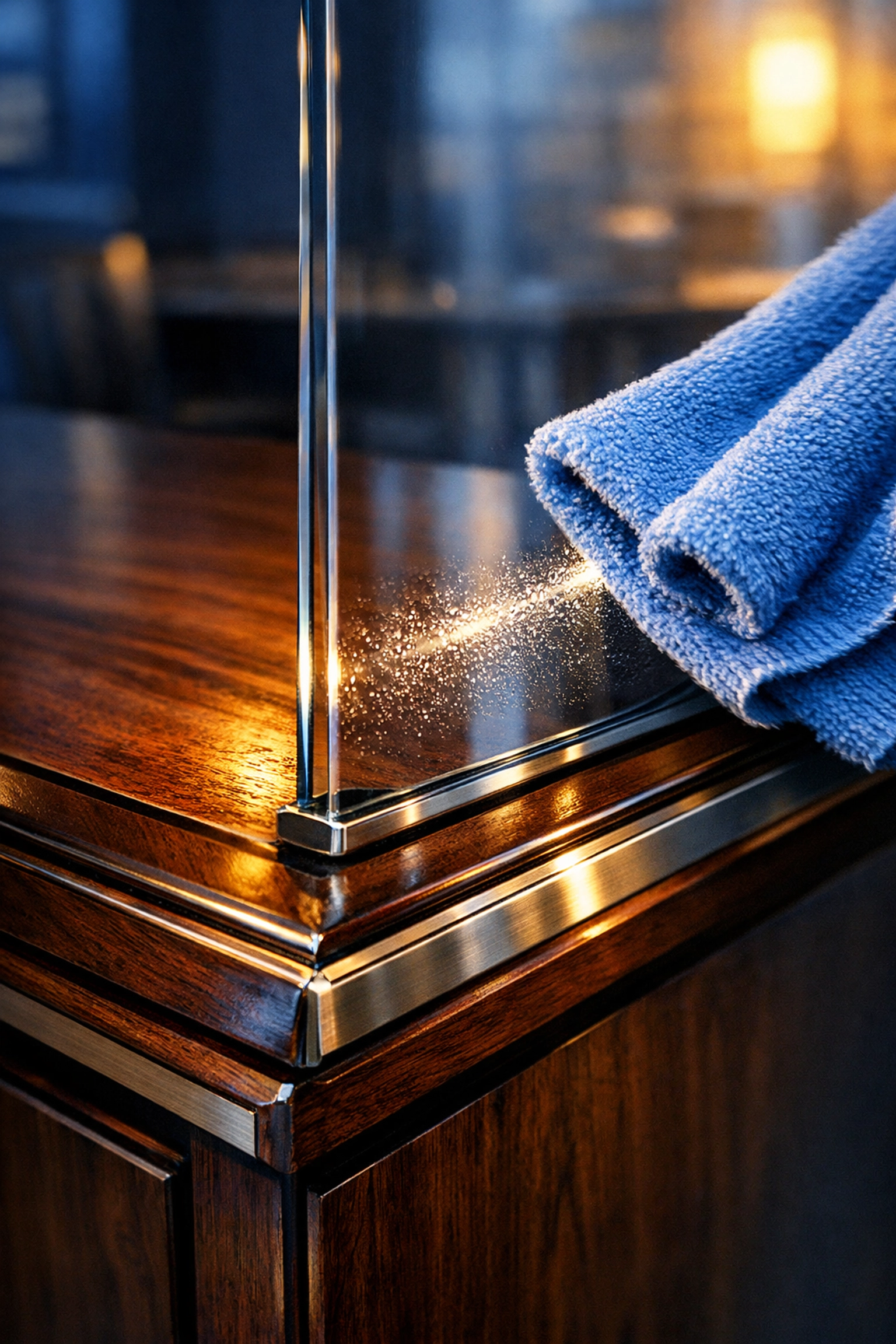 Detailed office cleaning in Milford showing a microfiber cloth wiping a glass partition on an executive desk.