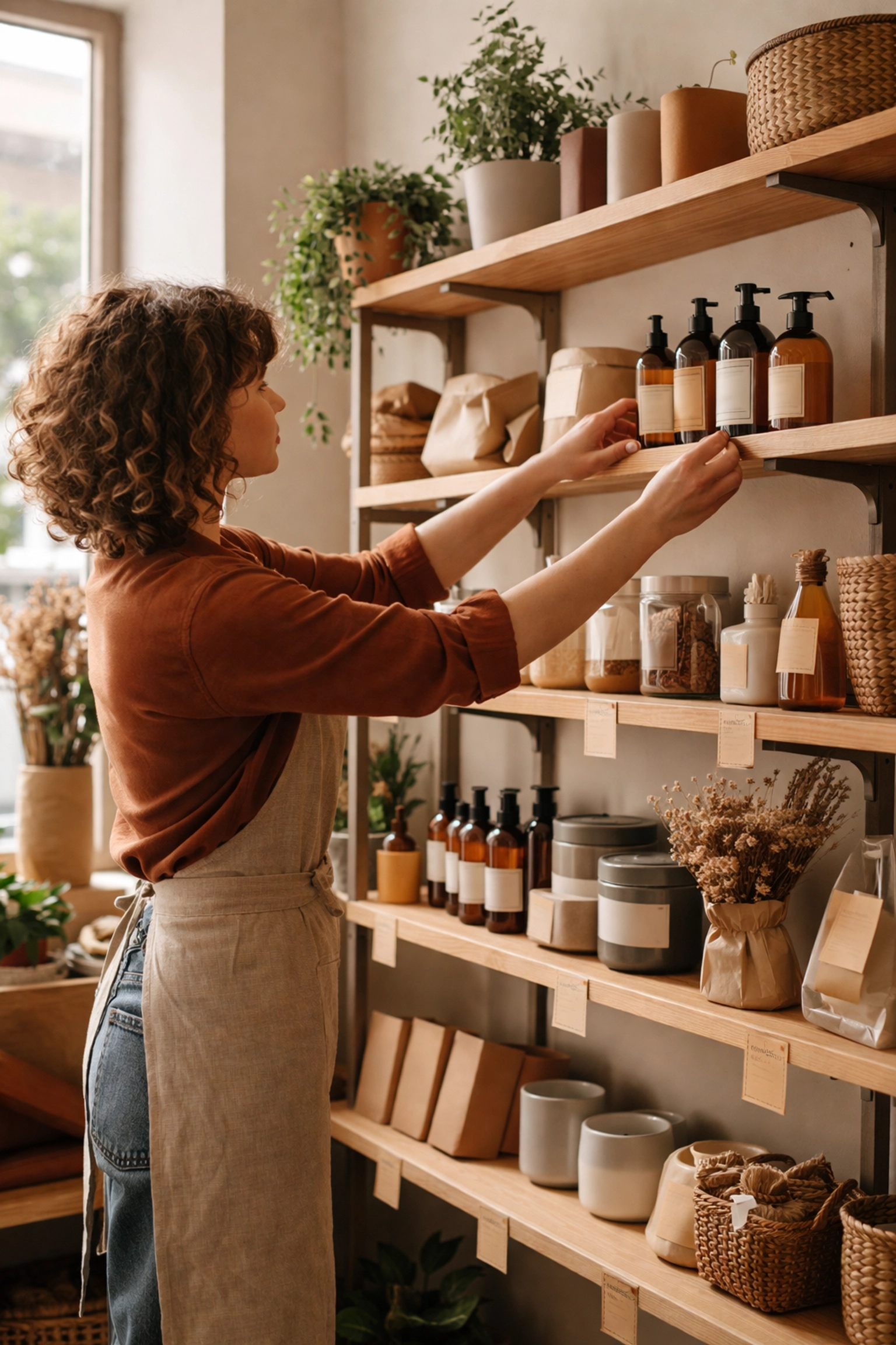 Small business owner shelving products in a boutique store, demonstrating real-world product pricing and customer value.