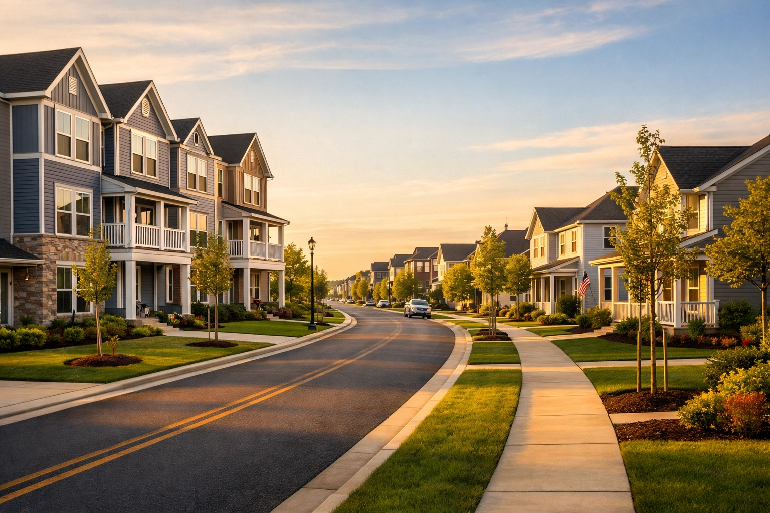 Modern residential street in Middletown Delaware with new homes and rental properties