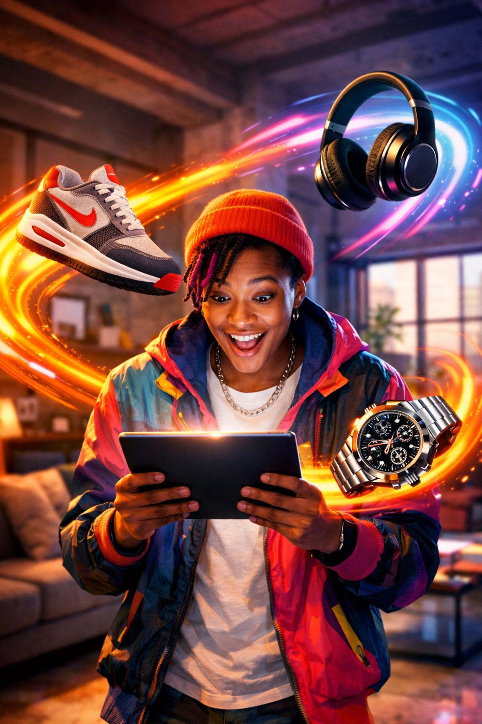 Personalized consumer products emerging from a tablet, showing the impact of AI on e-commerce growth.