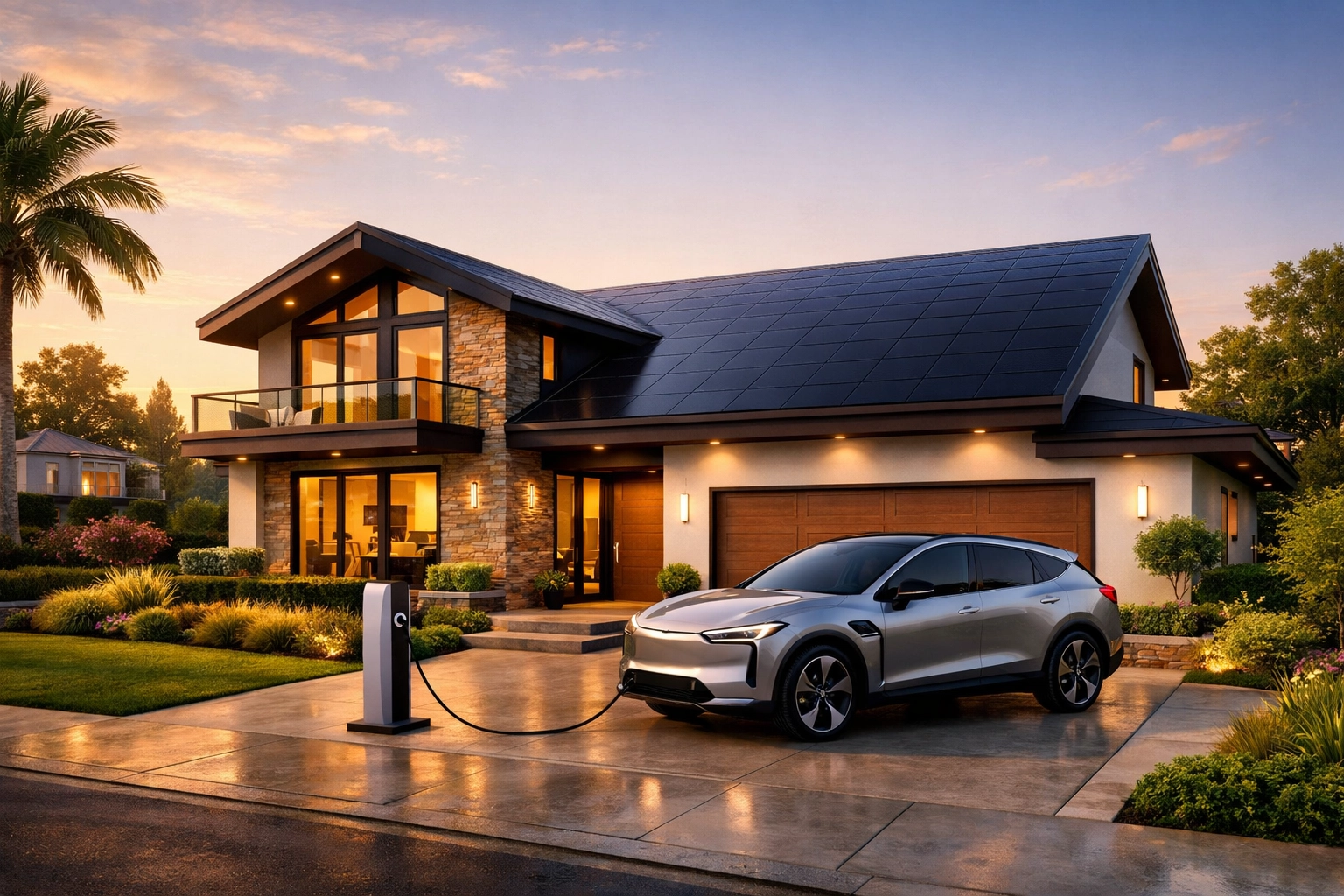 Modern home with integrated solar roof tiles illustrating energy-efficient property value and green home loans.