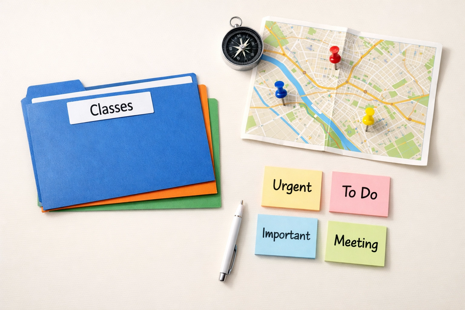 QuickBooks tracking methods: folders for Classes, map for Locations, and tags on desk workspace