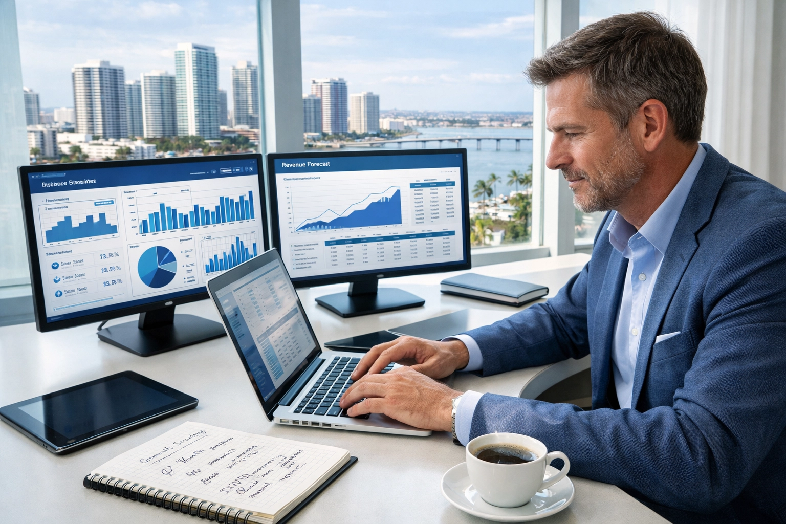 Financial consultant analyzing cash flow dashboards and forecasting models for business growth