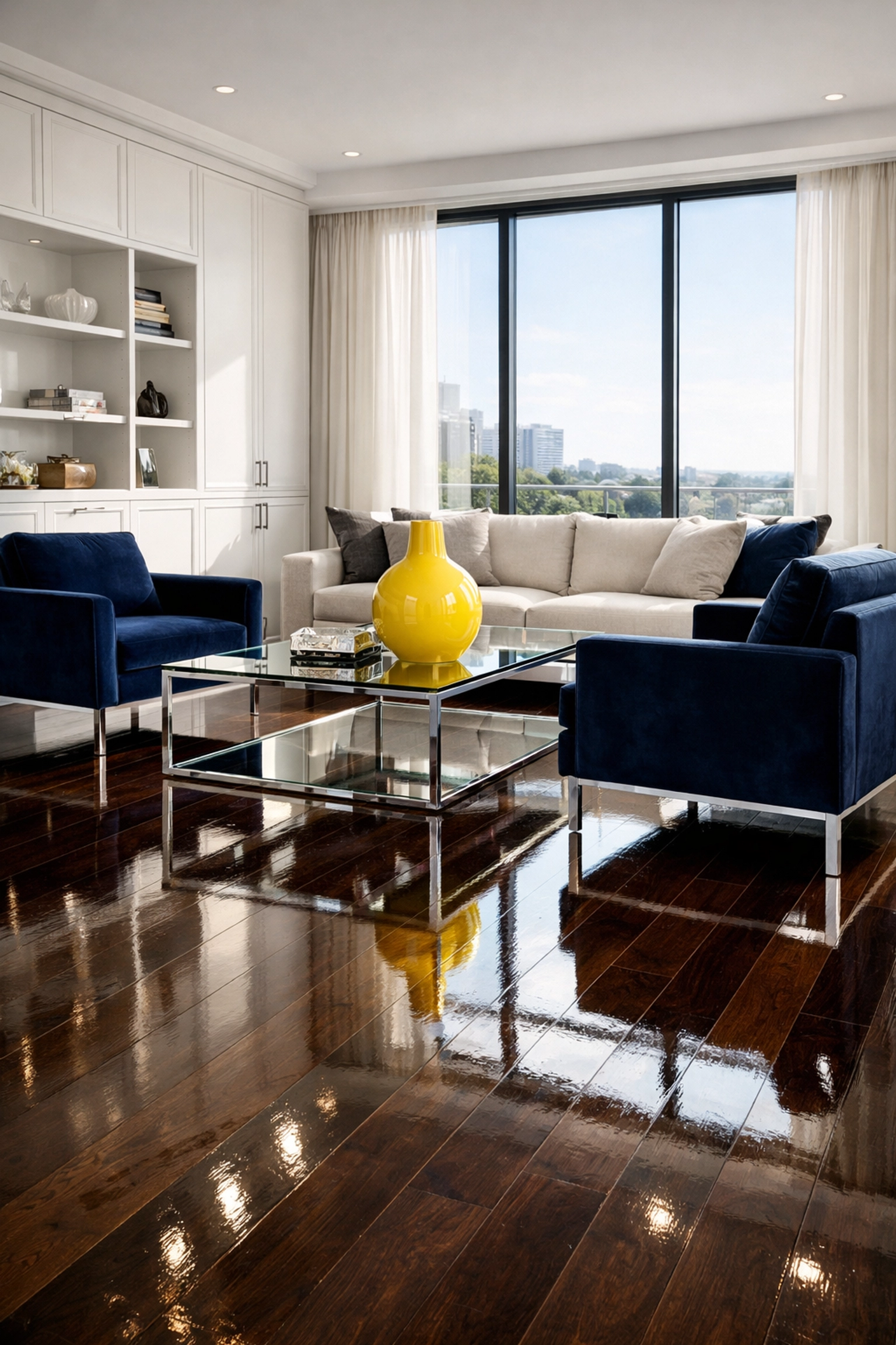 Luxury living room with polished floors maintained by expert deep cleaning in Westborough.