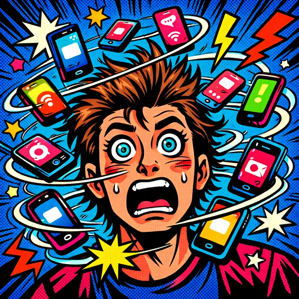 An overwhelmed business owner surrounded by spinning gadgets, showing the stress of disconnected business automation tools.