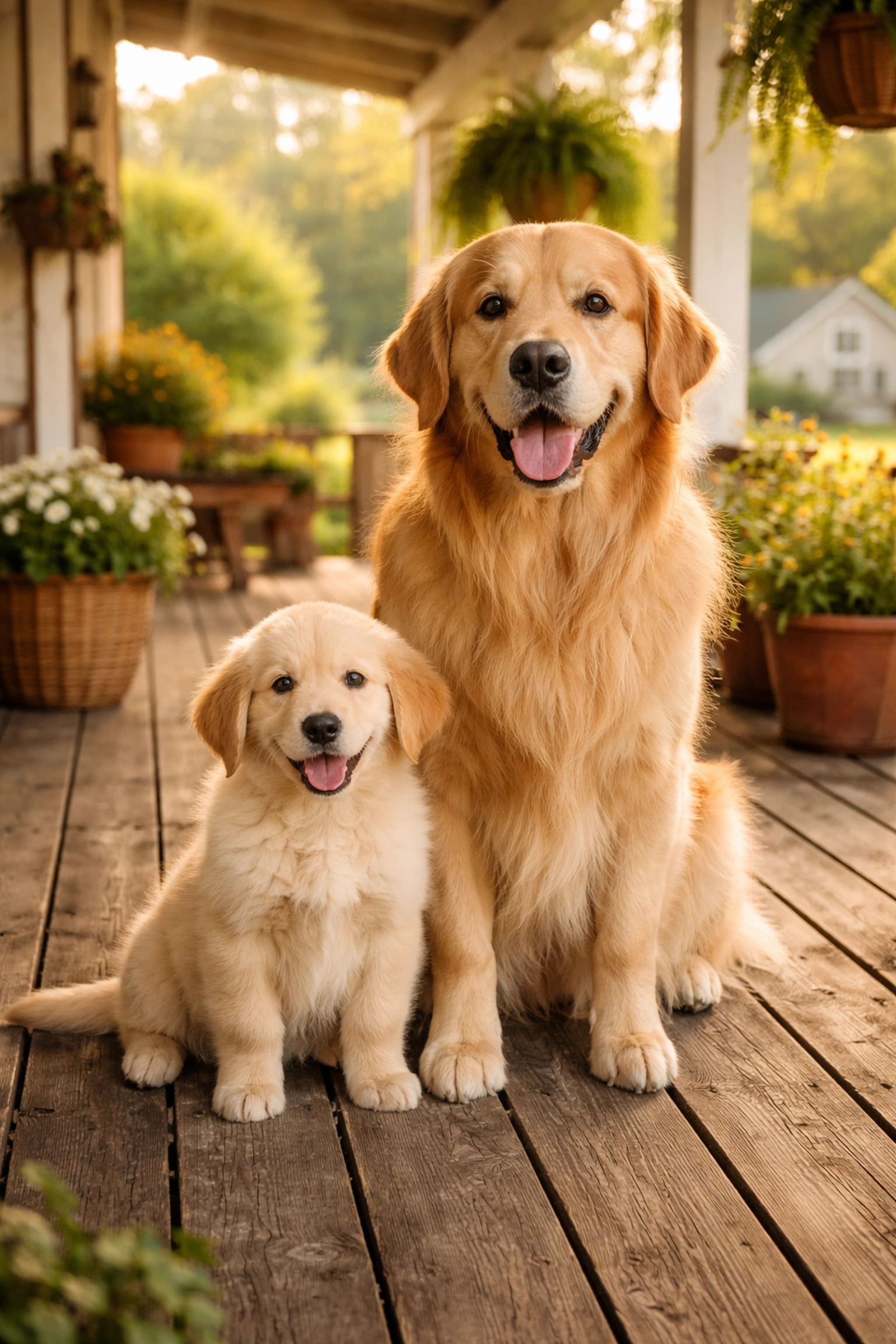Golden Retriever puppy and adult sitting on farmhouse porch, highlighting healthy breeding practices in Oregon