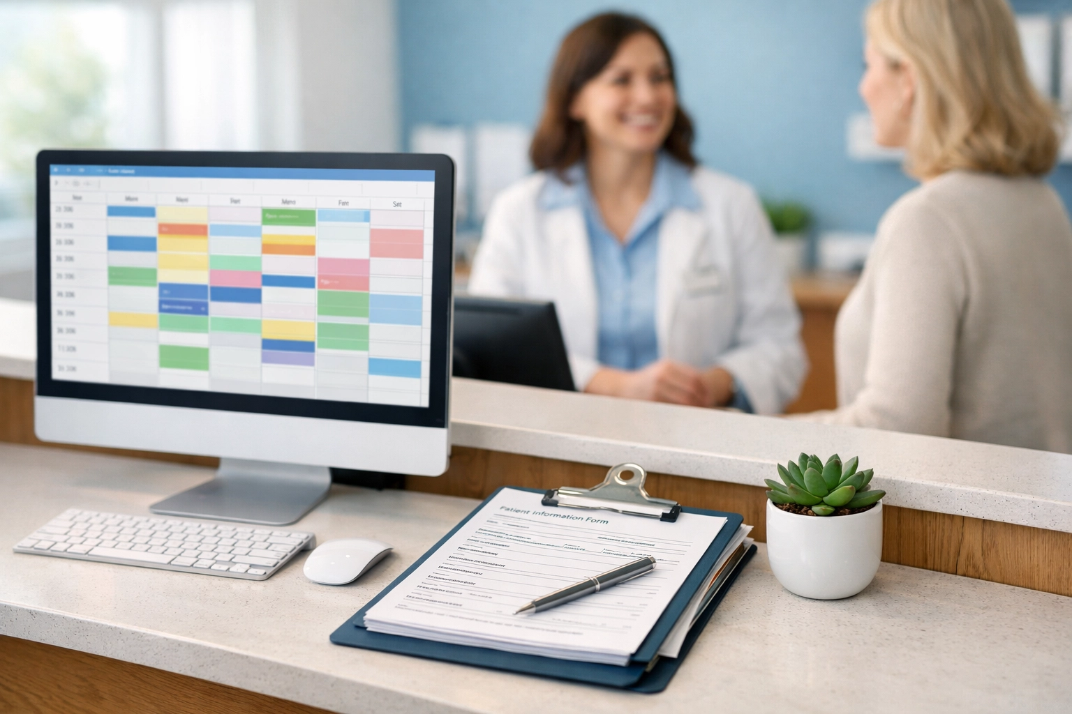 Medical Front Desk Chaos Costing You Patients? The 15-Minute Daily Routine That Fixes Everything Organized medical front desk with receptionist greeting patient in modern clinic reception area