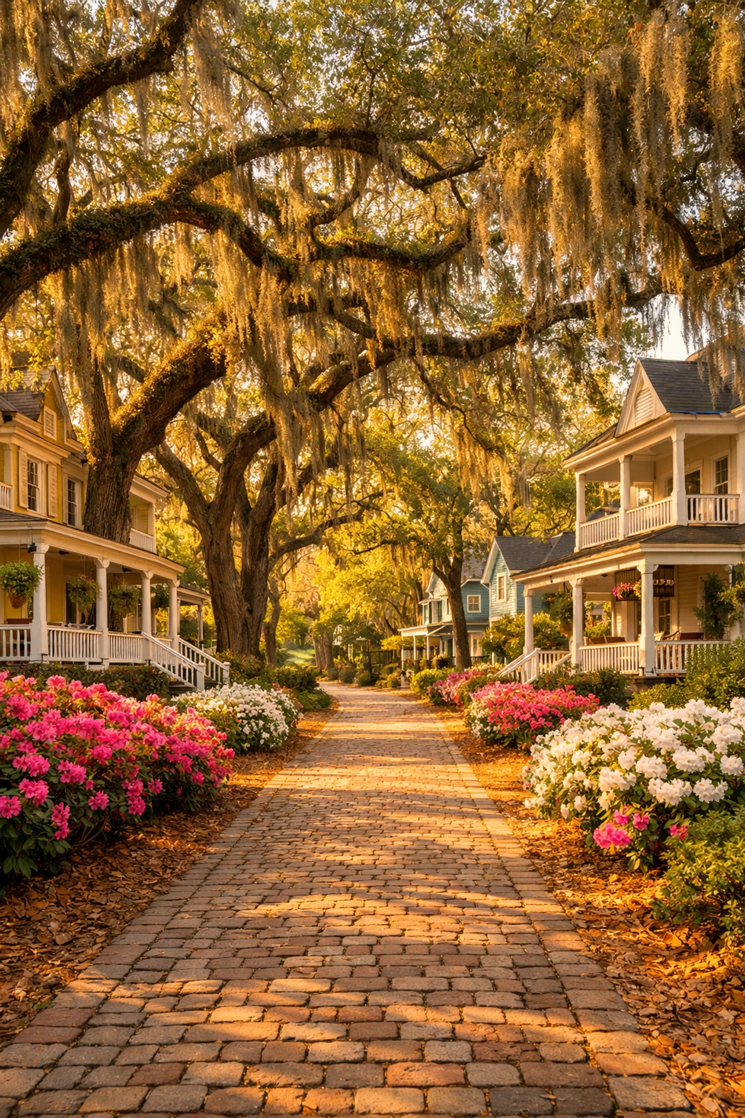 Tree-lined street in Summerville's historic district with Victorian homes and Spanish moss