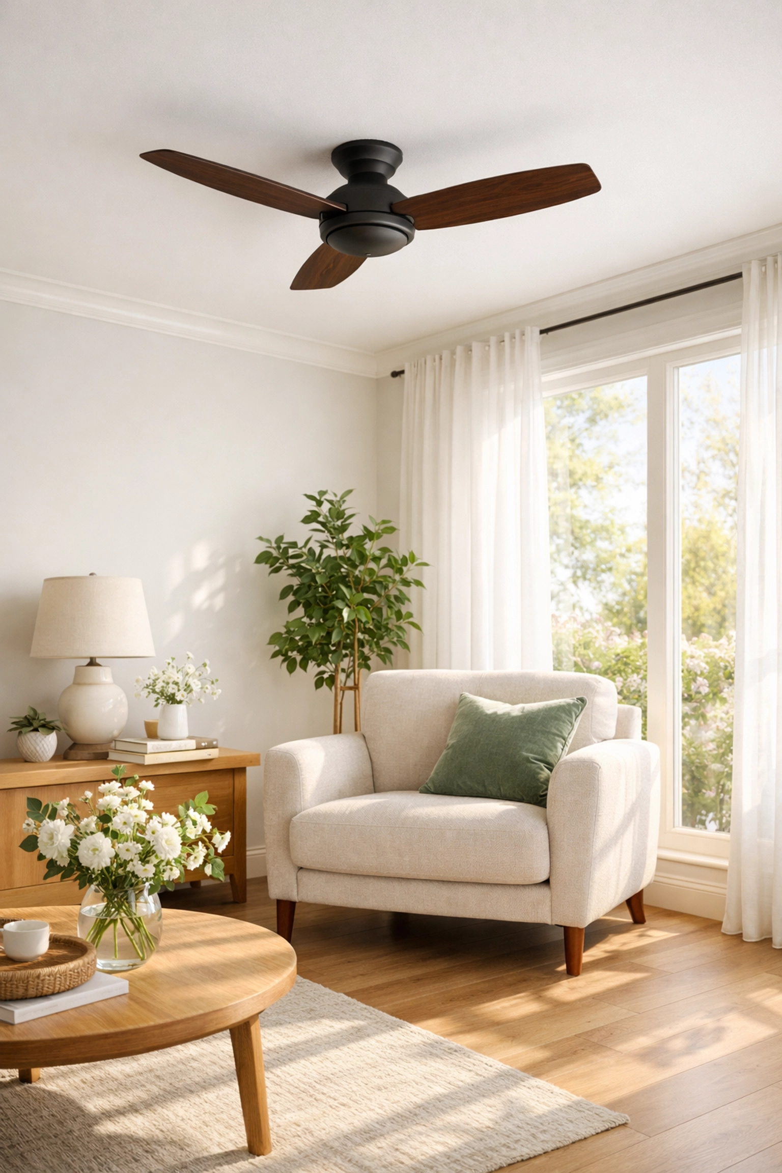 Clean living area in a KC apartment featuring a minimalist ceiling fan and bright windows for a spring deep clean.