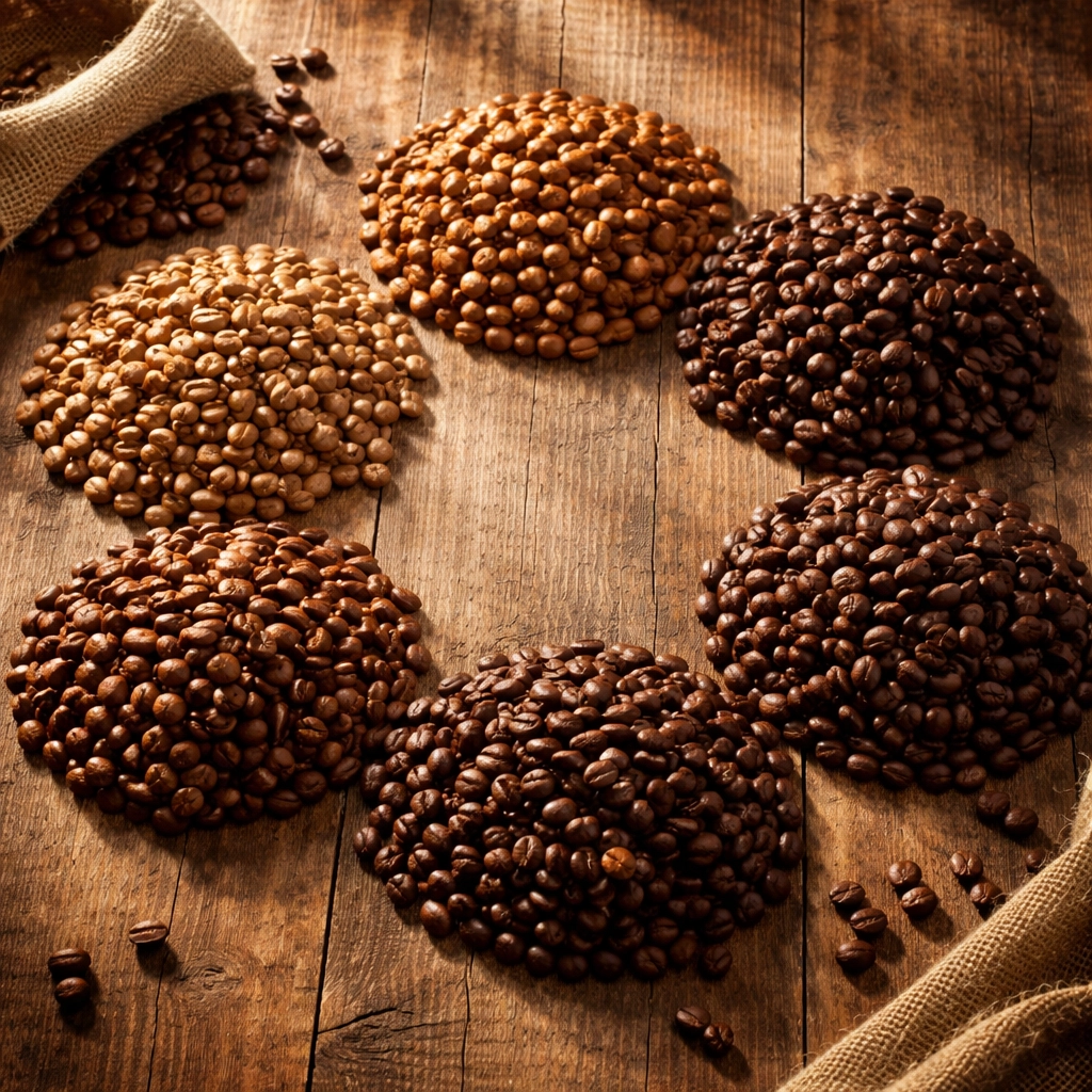 Six piles of whole coffee beans from diverse origins on a rustic wood surface, illustrating a 6-bean blend for mindful mornings