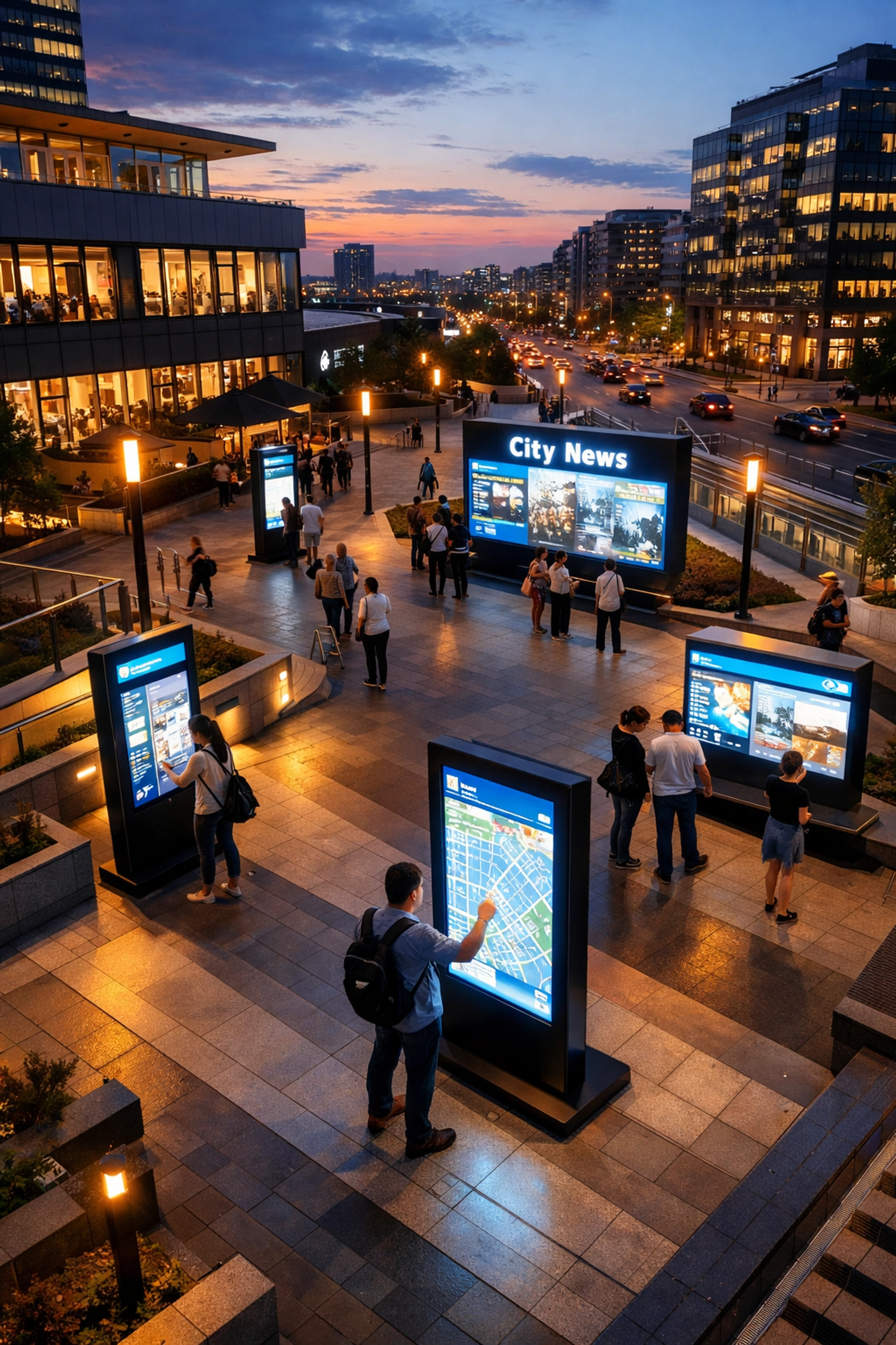 Smart city digital kiosks and interactive displays in urban plaza with pedestrians engaging