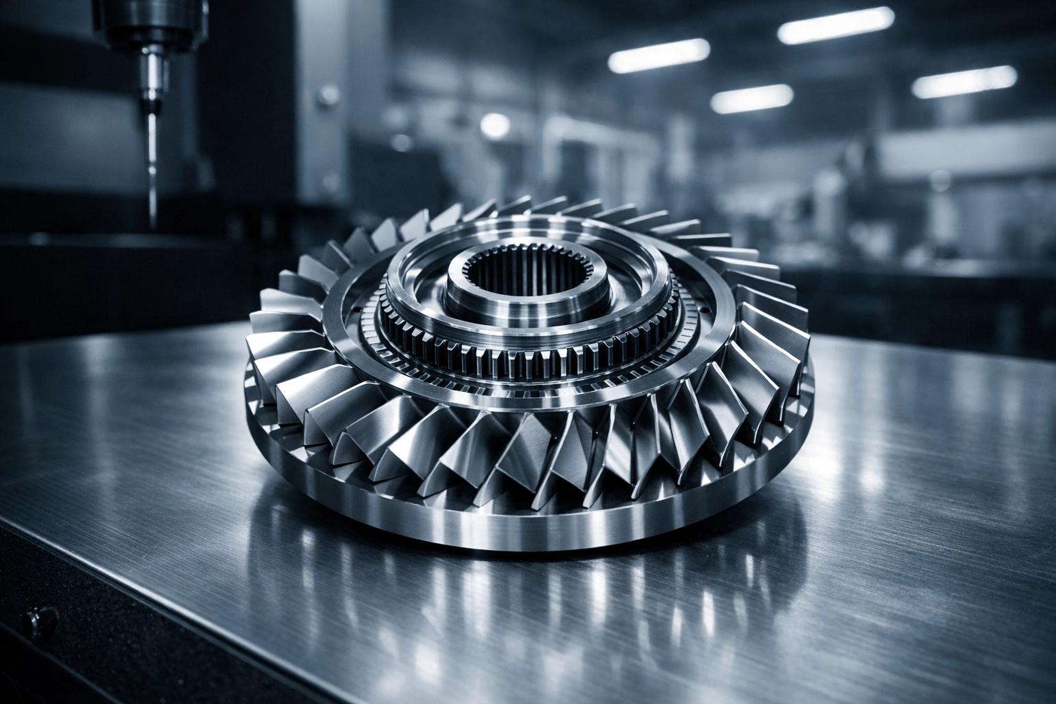 Precision-machined titanium turbine gear, showcasing high-value assets covered by CT business insurance.