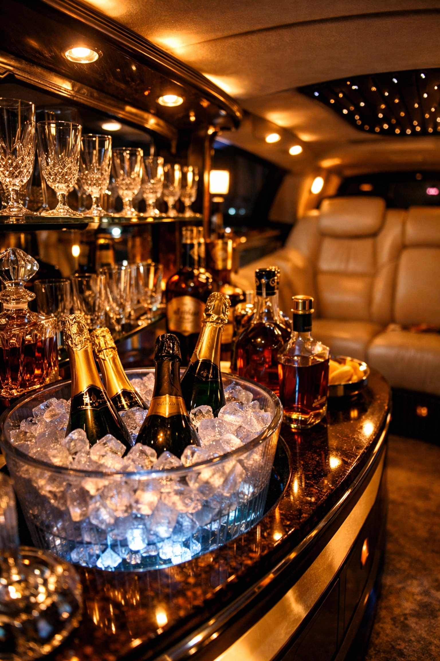 Luxury wedding limo interior with complimentary champagne bar