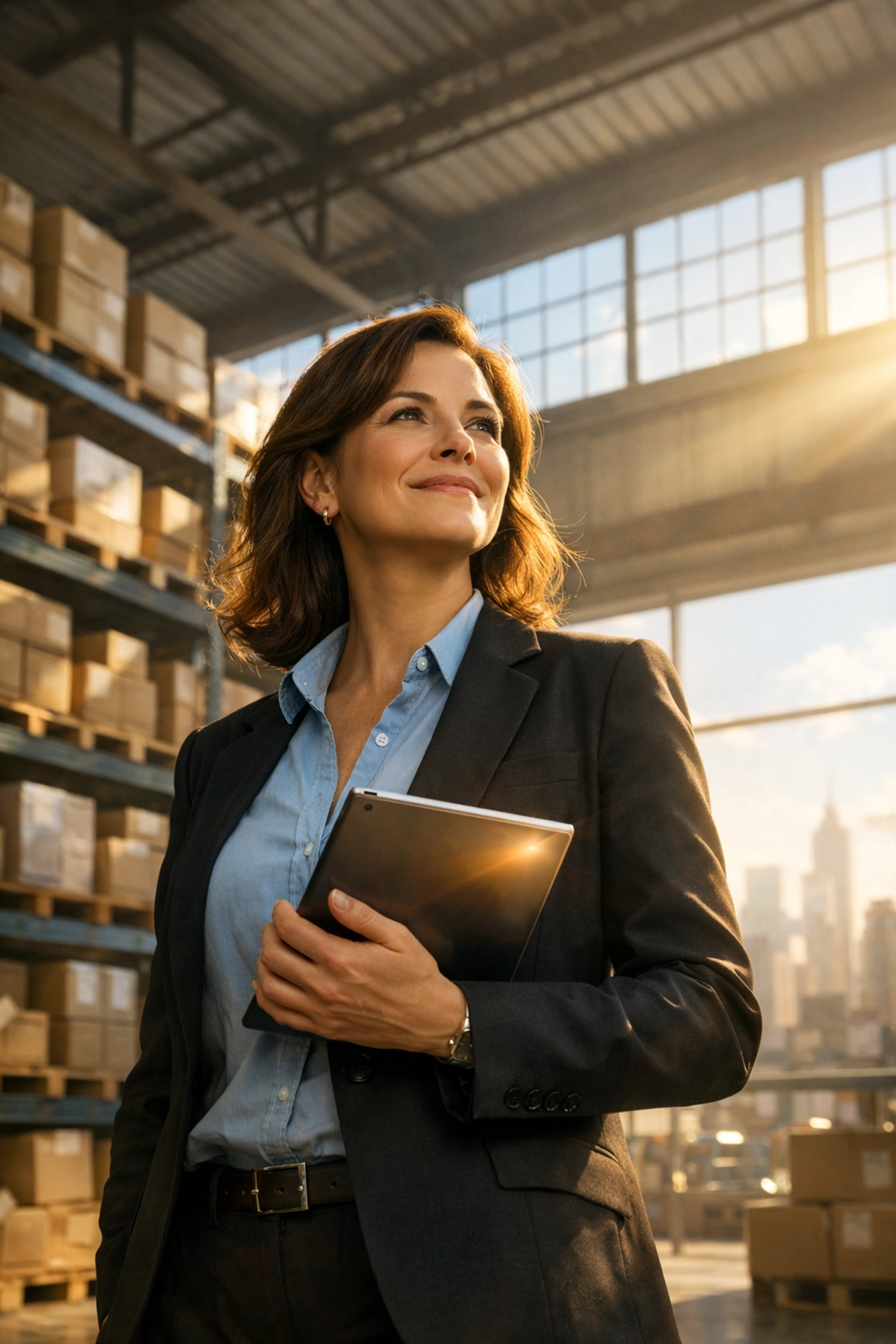 Confident small business owner managing inventory in a modern warehouse during the 2026 growth surge.