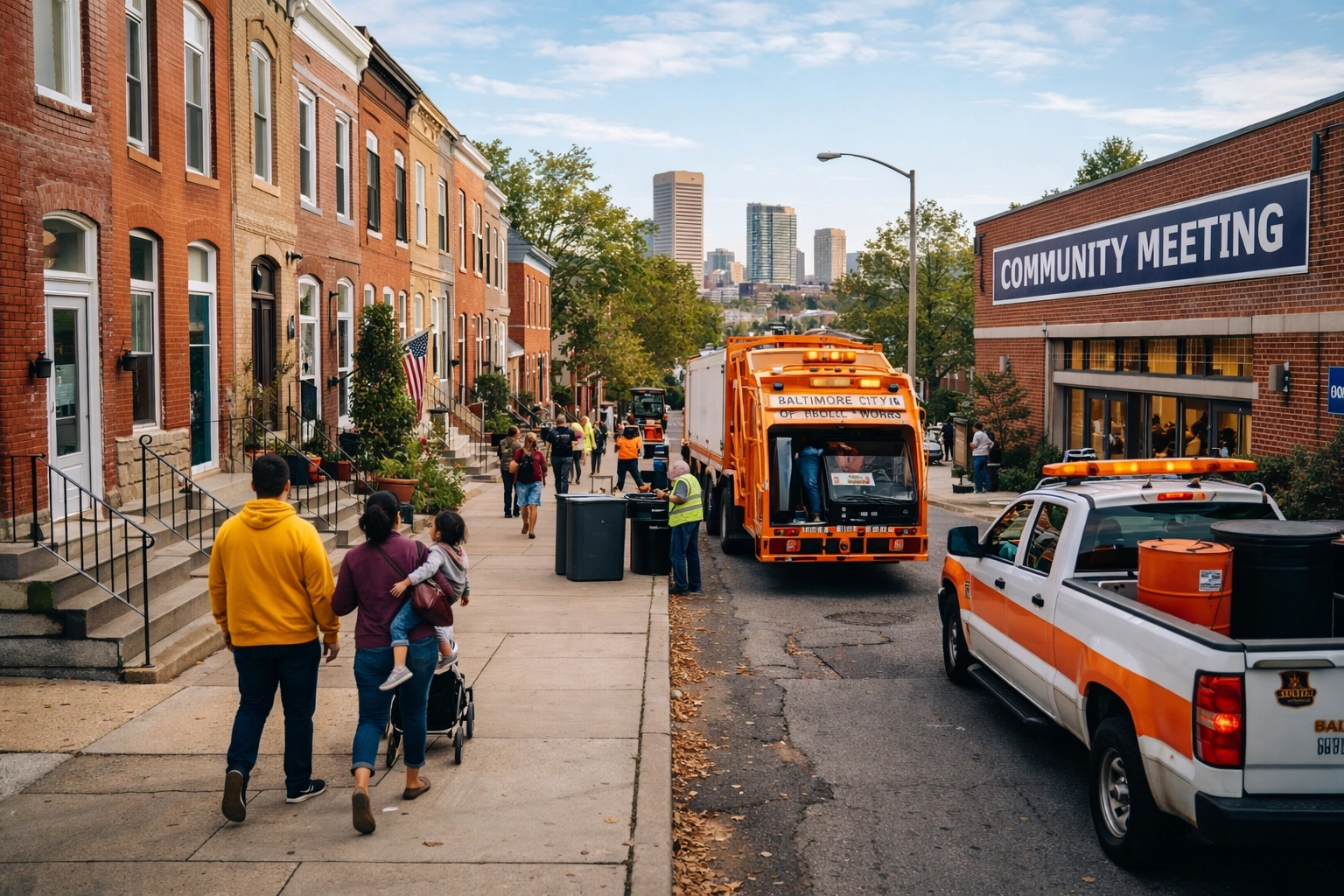 Baltimore neighborhood streetscape showing community life and city services