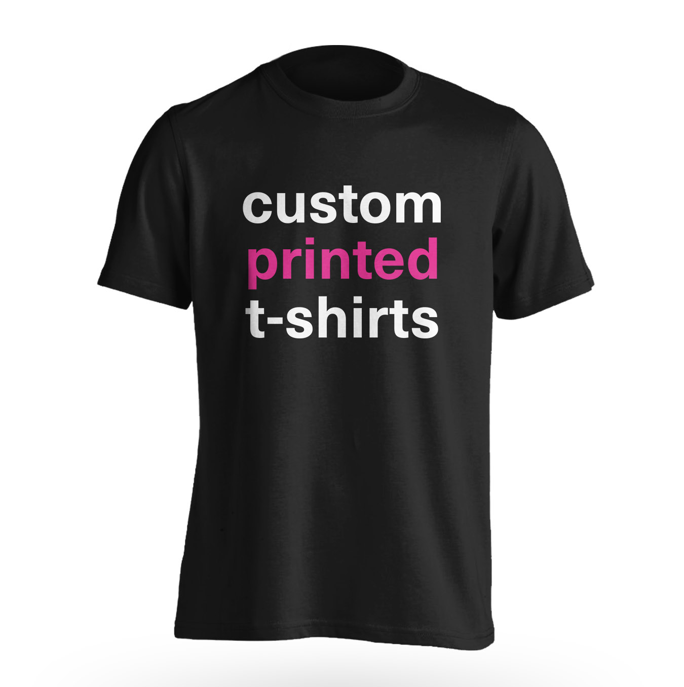 Black t-shirt featuring bold white and magenta text Text reads 'custom printed t-shirts.' Showcases Finger prints’ custom garment printing using modern direct-to-garment and sublimation methods for branded workwear and promotional items.