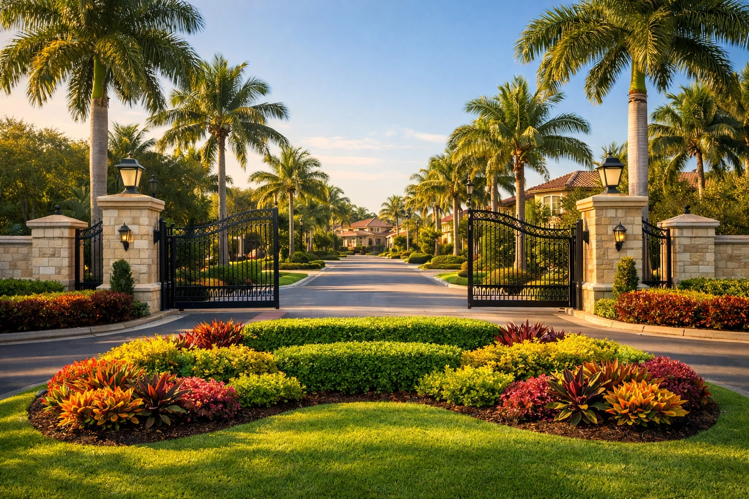 Entrance to a luxury gated community in Cape Coral Florida with tropical landscaping and palm trees.