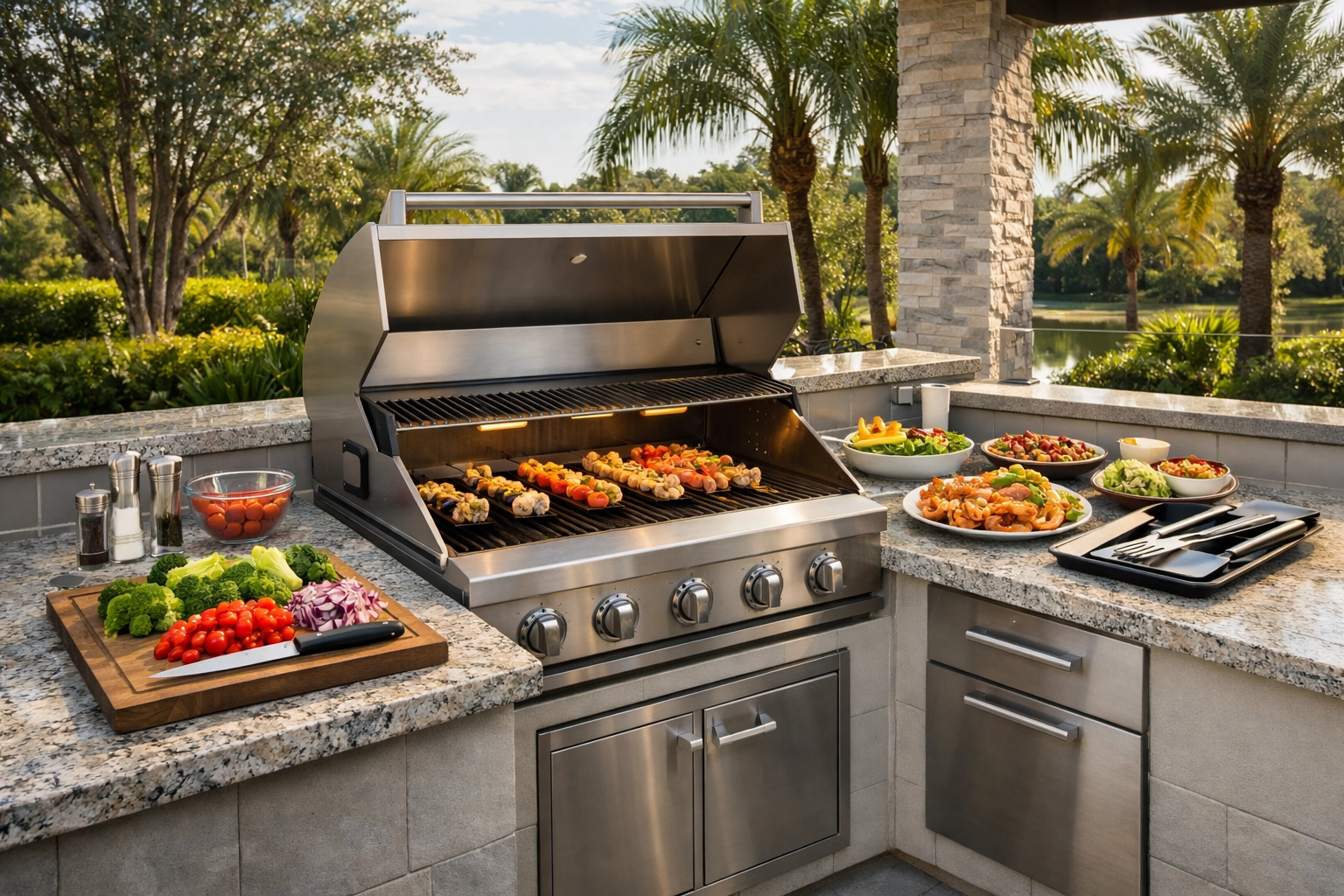 Spacious outdoor kitchen counter with granite countertops and prep space in Orlando backyard