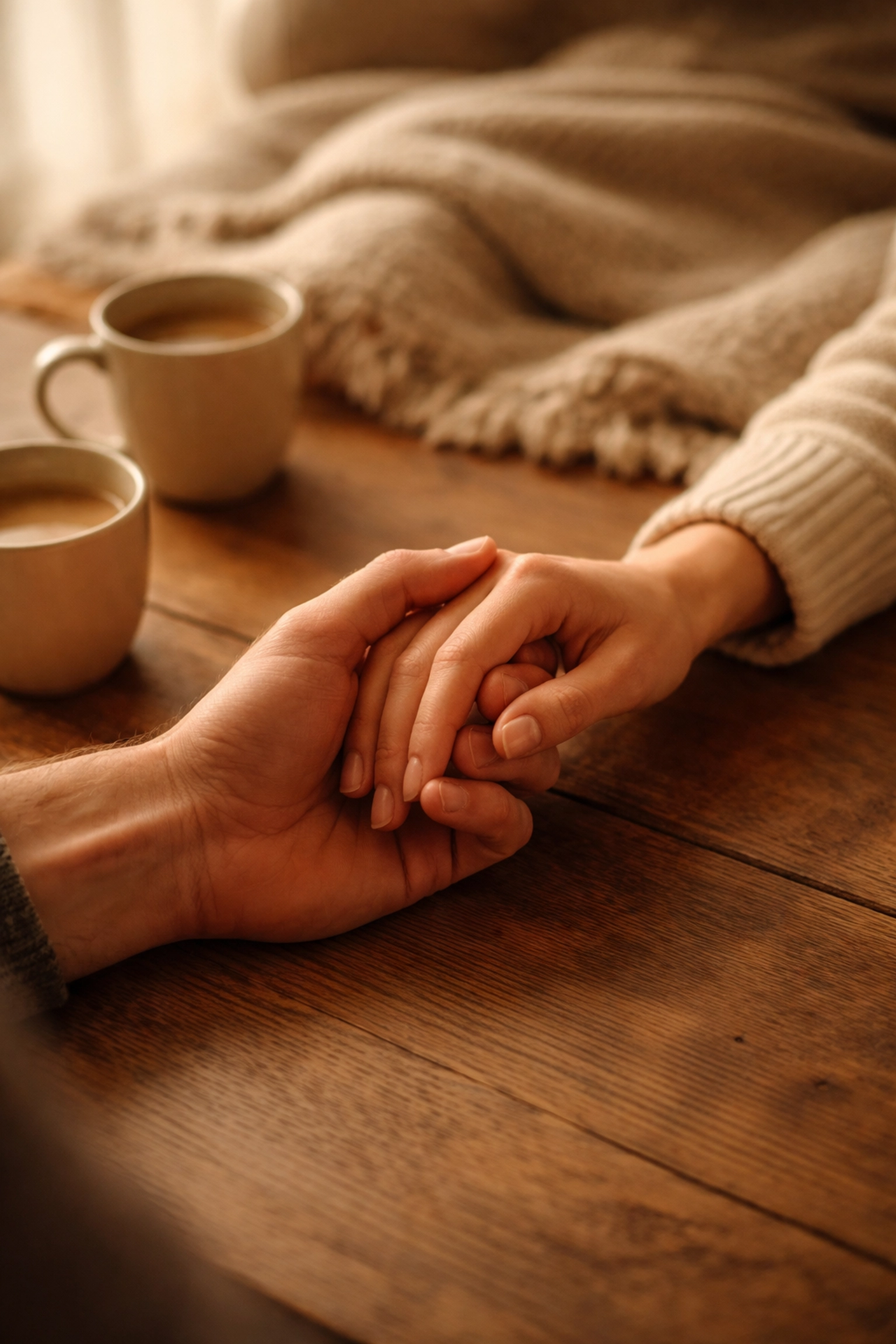 Egymást bizalommal átölelő pár keze az asztalon, egészséges kapcsolati kommunikáció és intimitás