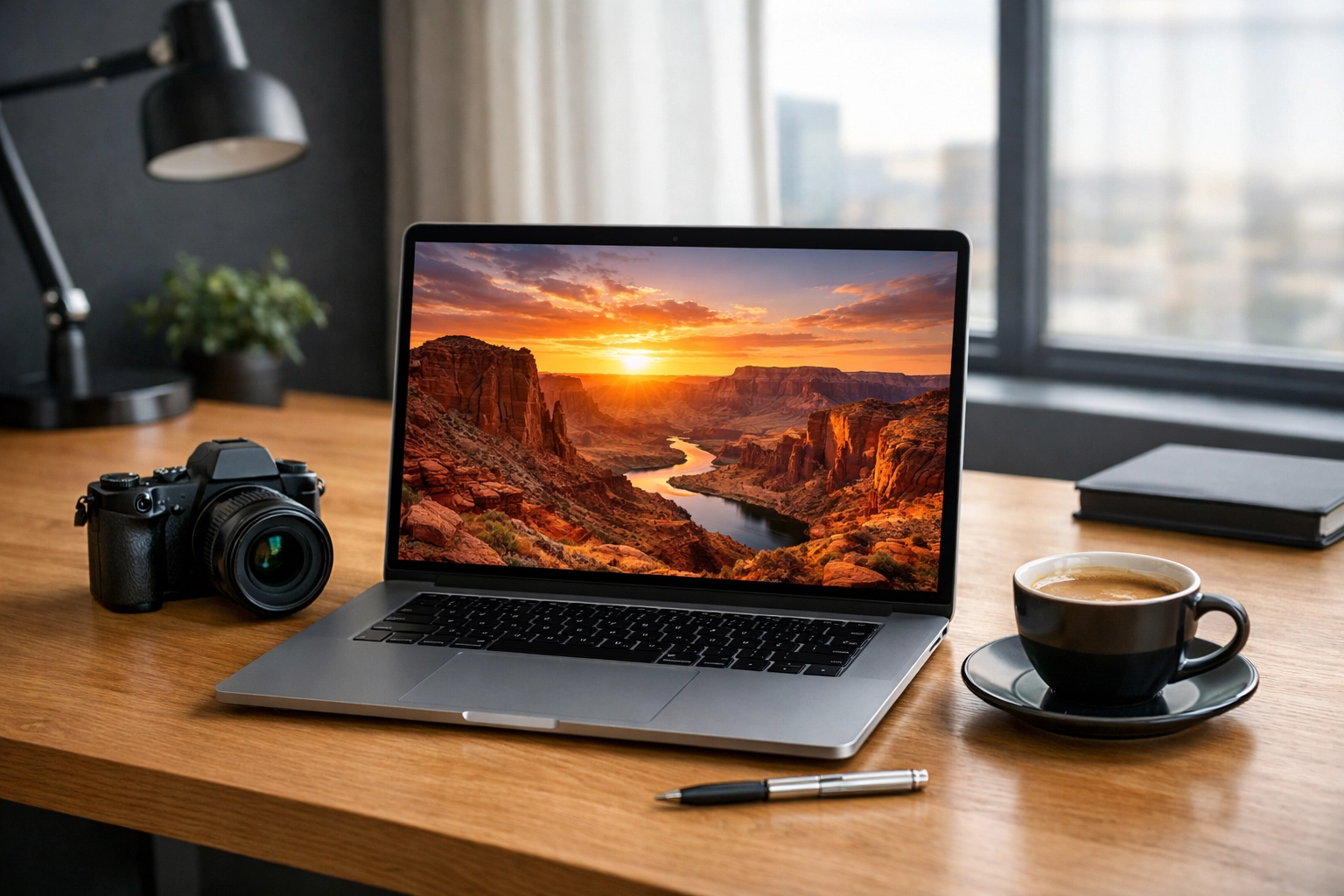 Professional photography workspace showing a high-resolution sunset landscape for web optimization.
