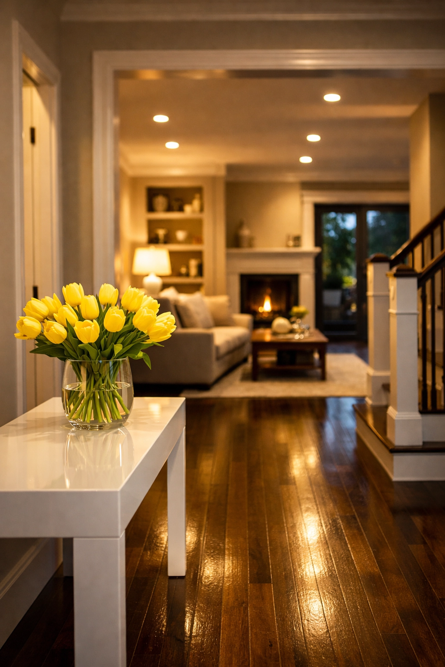 A tidy Massachusetts home entryway with yellow flowers, showcasing reliable house cleaning services MA.