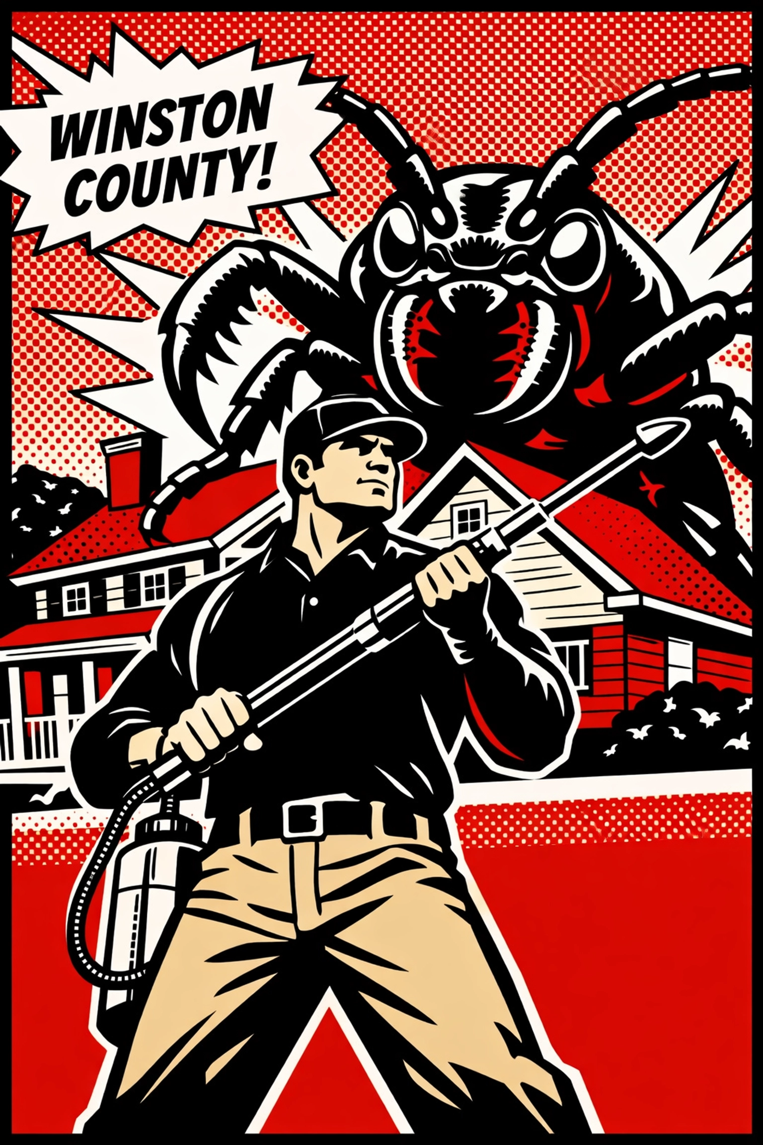 Heroic Winston County pest control expert protecting a local home from a giant wood-boring beetle.