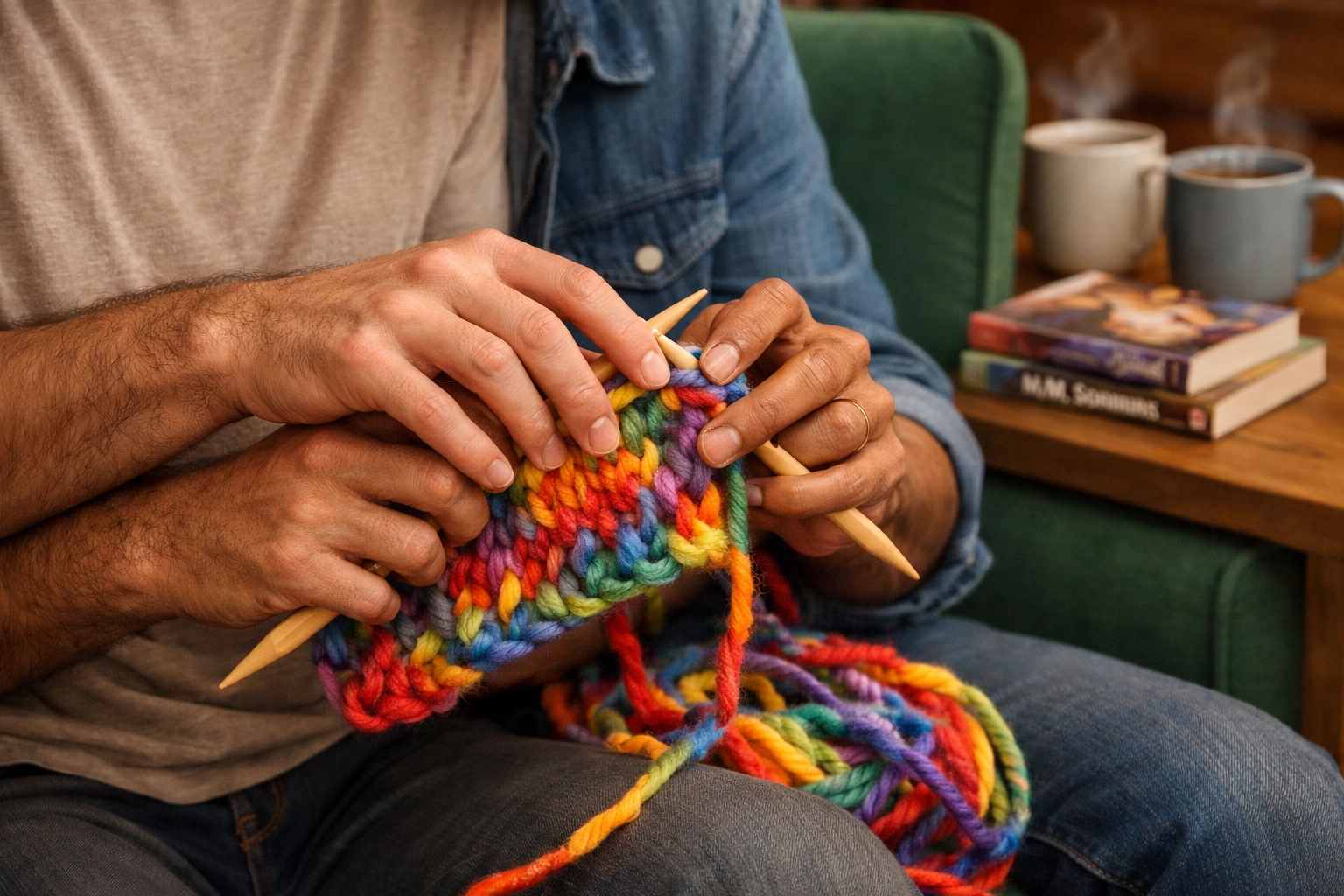 Two gay men bonding over a colorful knitting project, building community through creative queer hobbies.