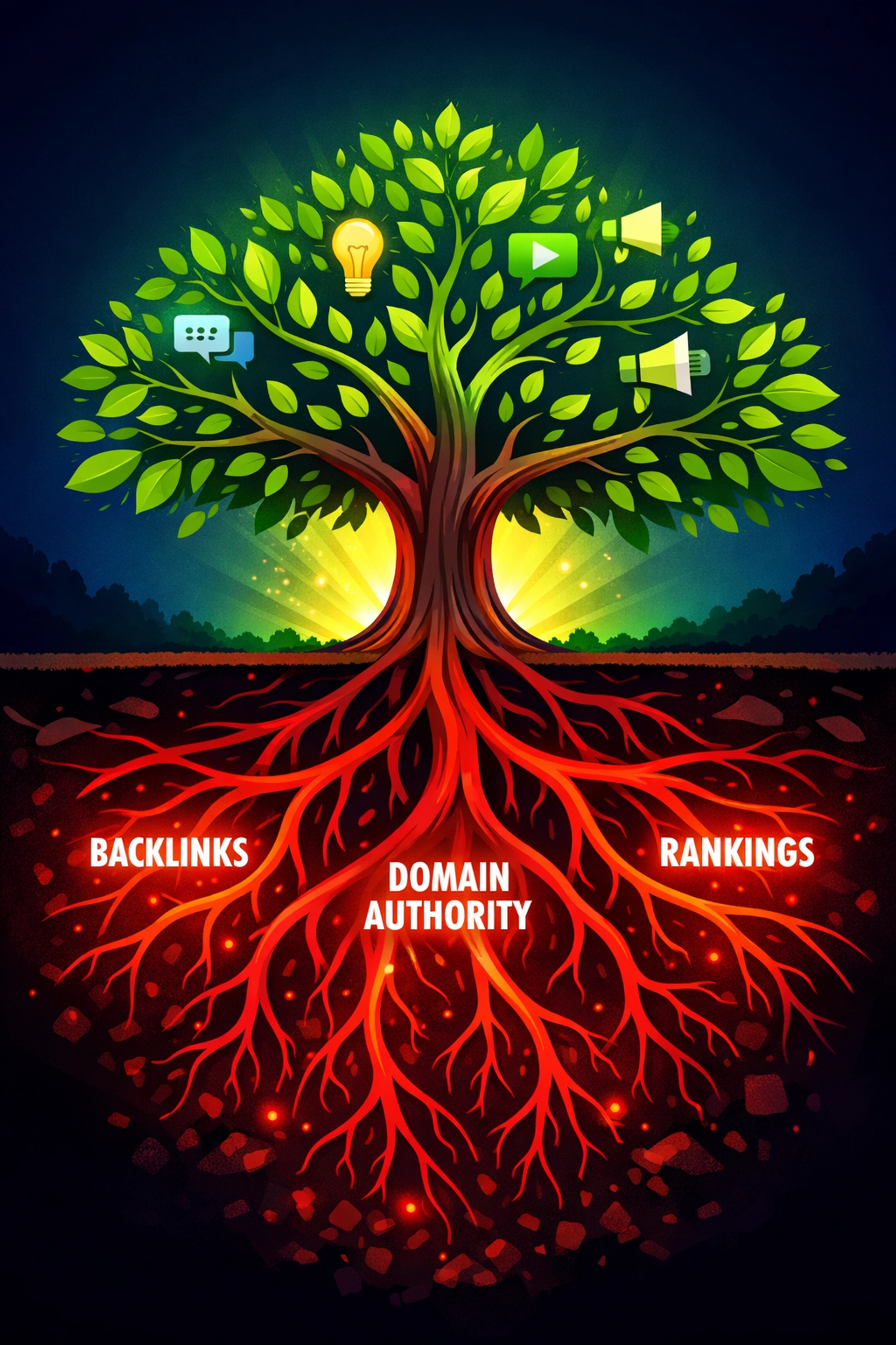 Website growth showing strong SEO foundation roots supporting new market content development