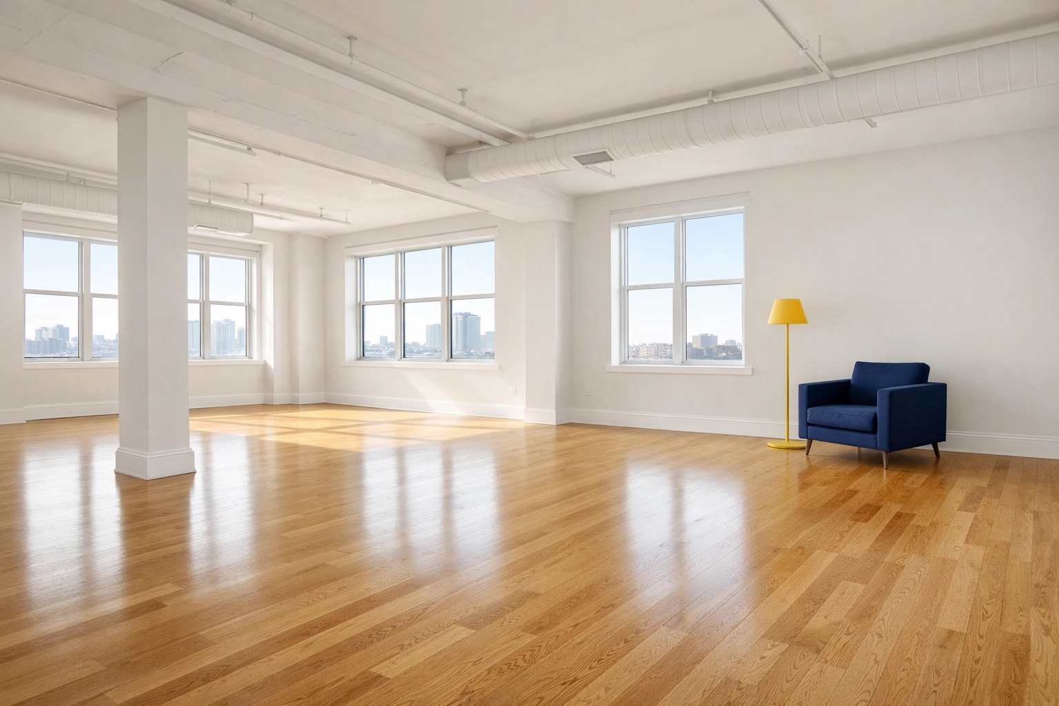 Spotless Boston apartment turnover in a Seaport luxury loft with perfectly cleaned floors and white baseboards.