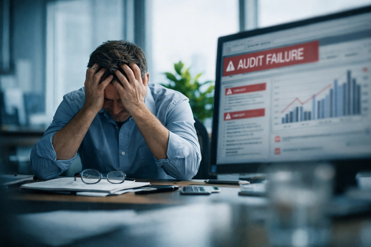 Small business owner facing stress from IT compliance audit failure and financial penalties
