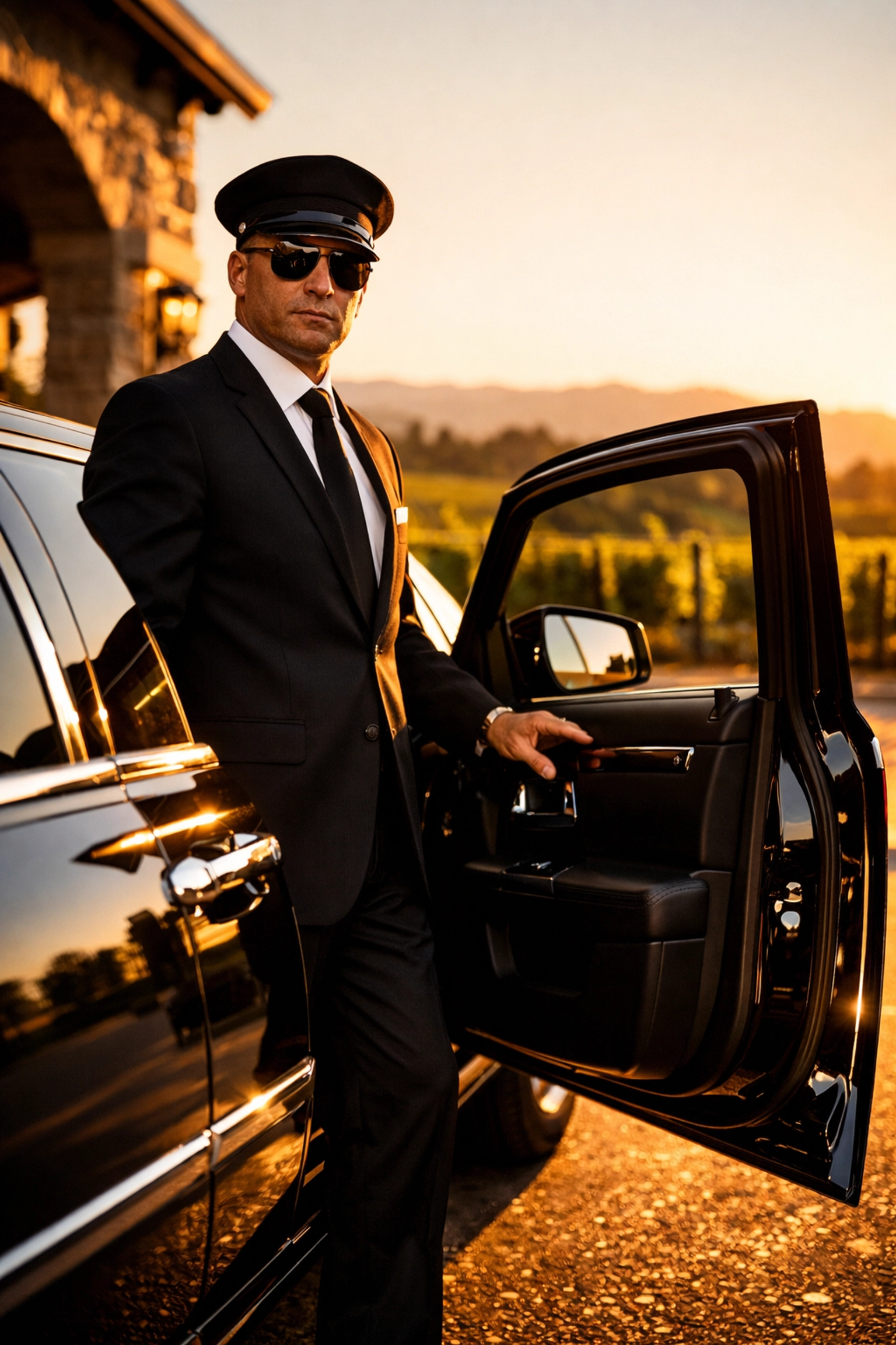 Professional chauffeur opening limousine door at Pittsburgh winery entrance