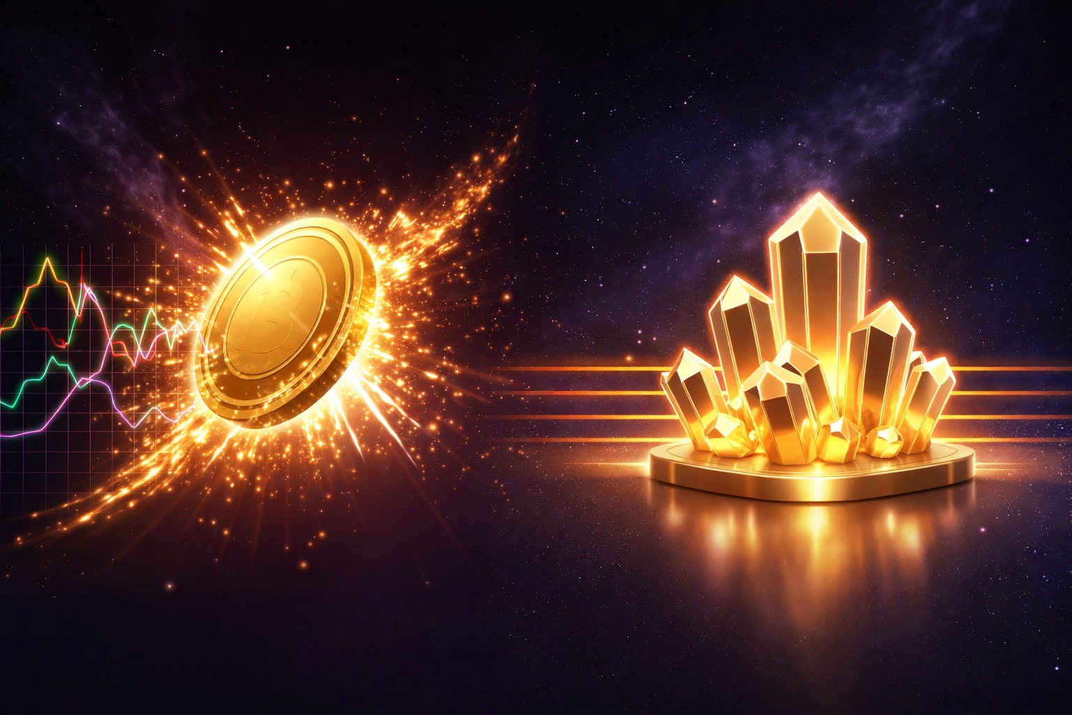 Glowing coin transforming into a stable structure, illustrating Larecoin's LUSD stablecoin benefits and crypto payment stability.