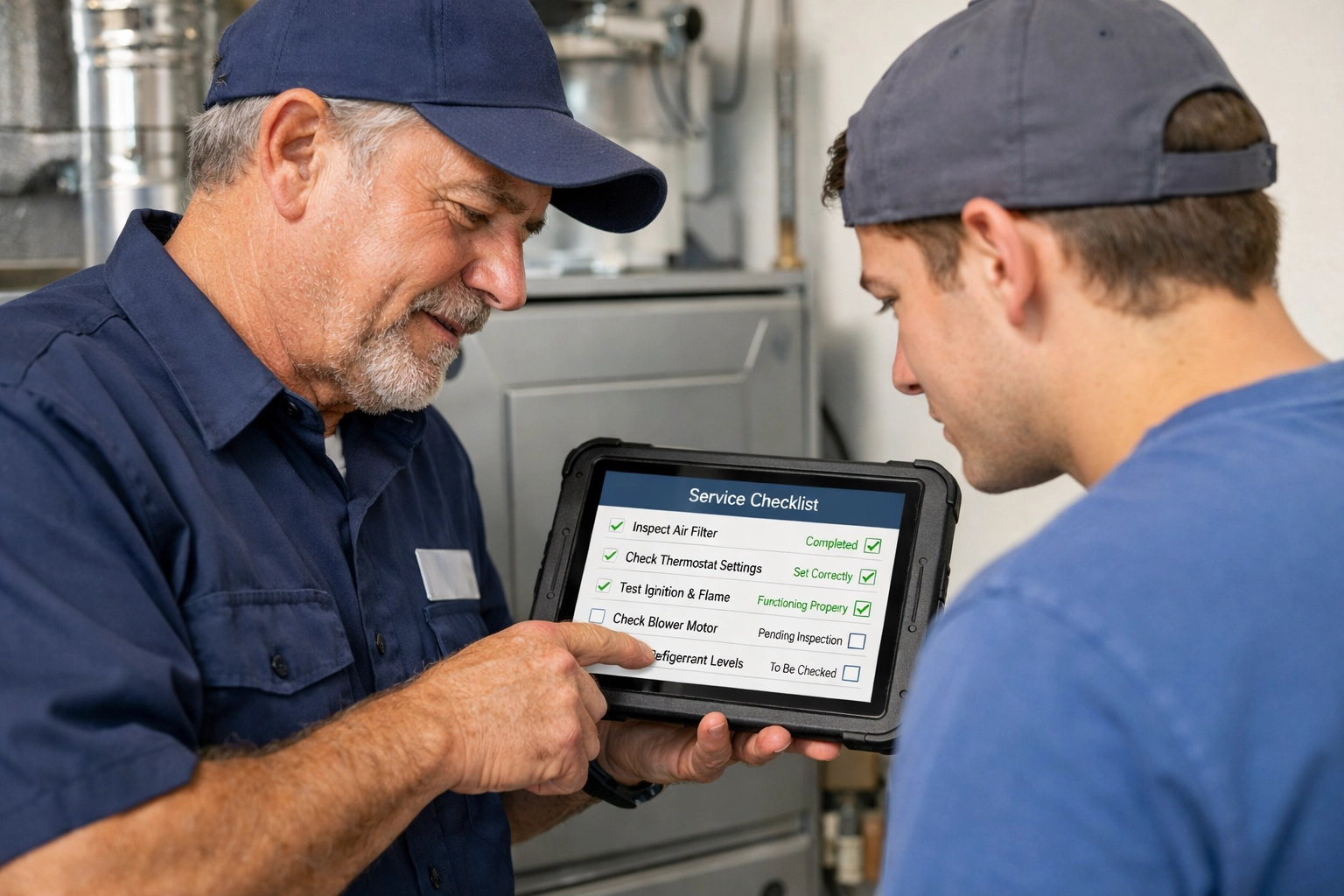 HVAC technician and apprentice using a digital tablet for a service checklist in a utility room.