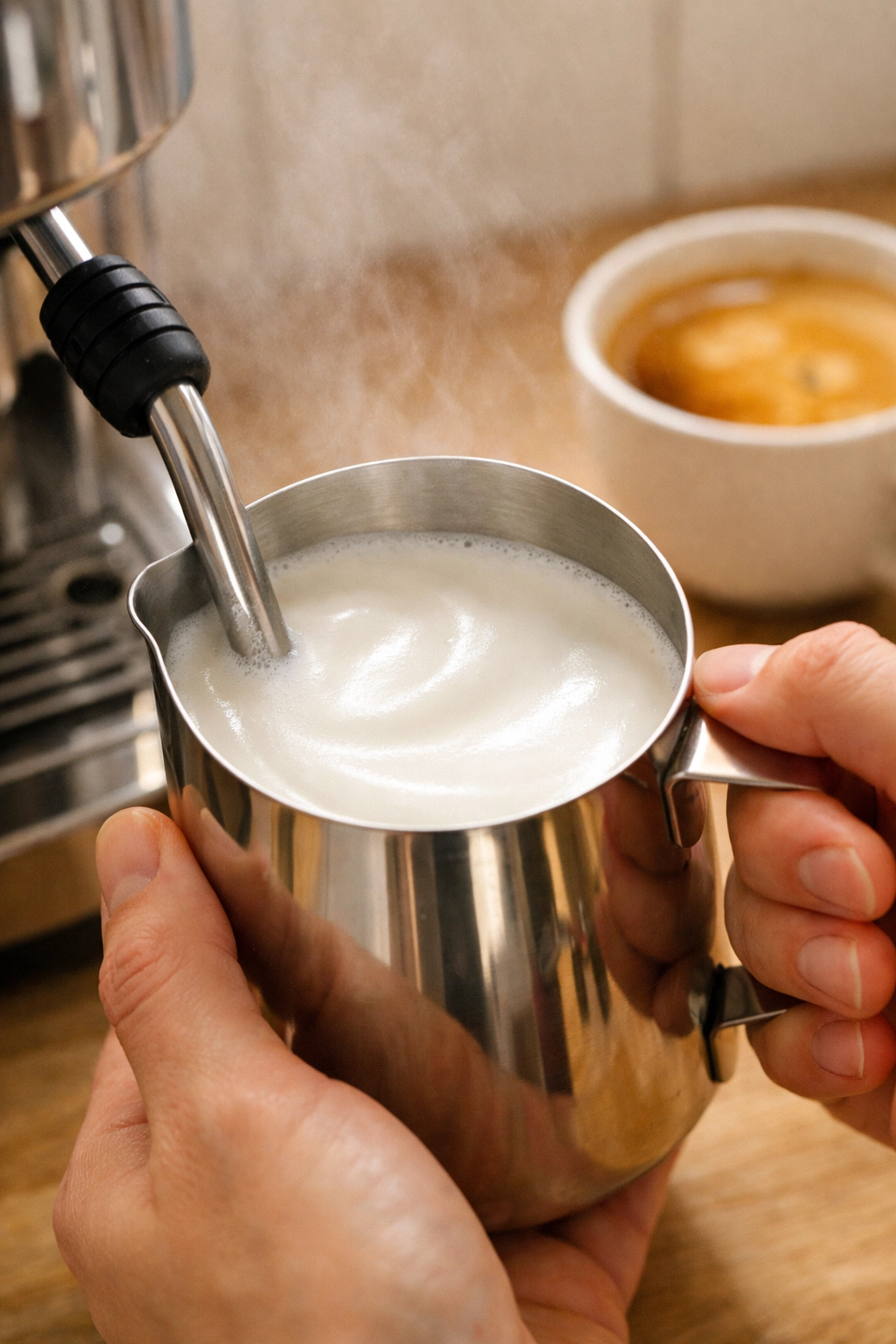 Steaming milk into silky microfoam for latte art, perfect texture for home espresso drinks