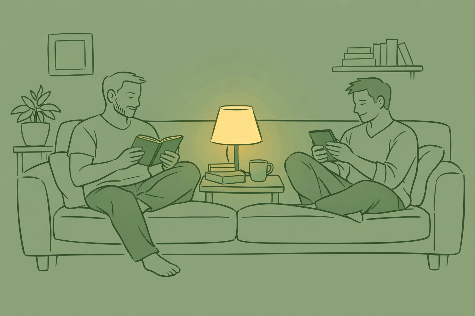 Two men reading LGBTQ+ ebooks together, enjoying emotional gay romance stories at home
