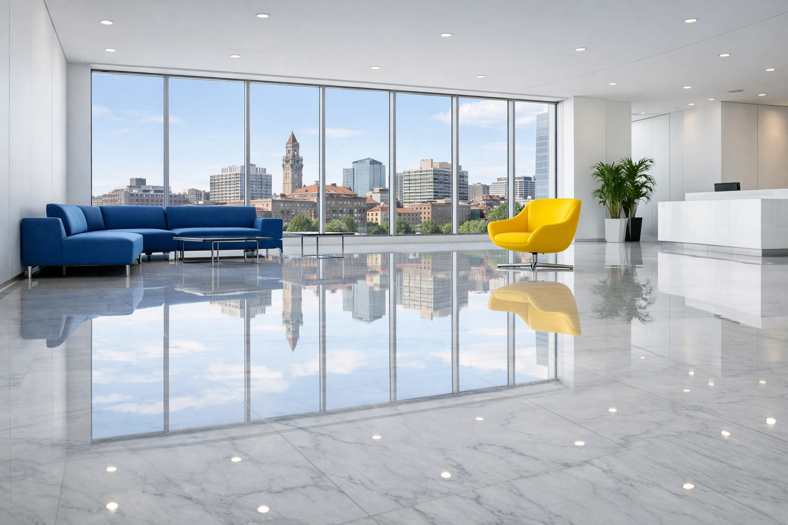 Shining marble lobby floors after a professional Worcester office cleaning service in Massachusetts.
