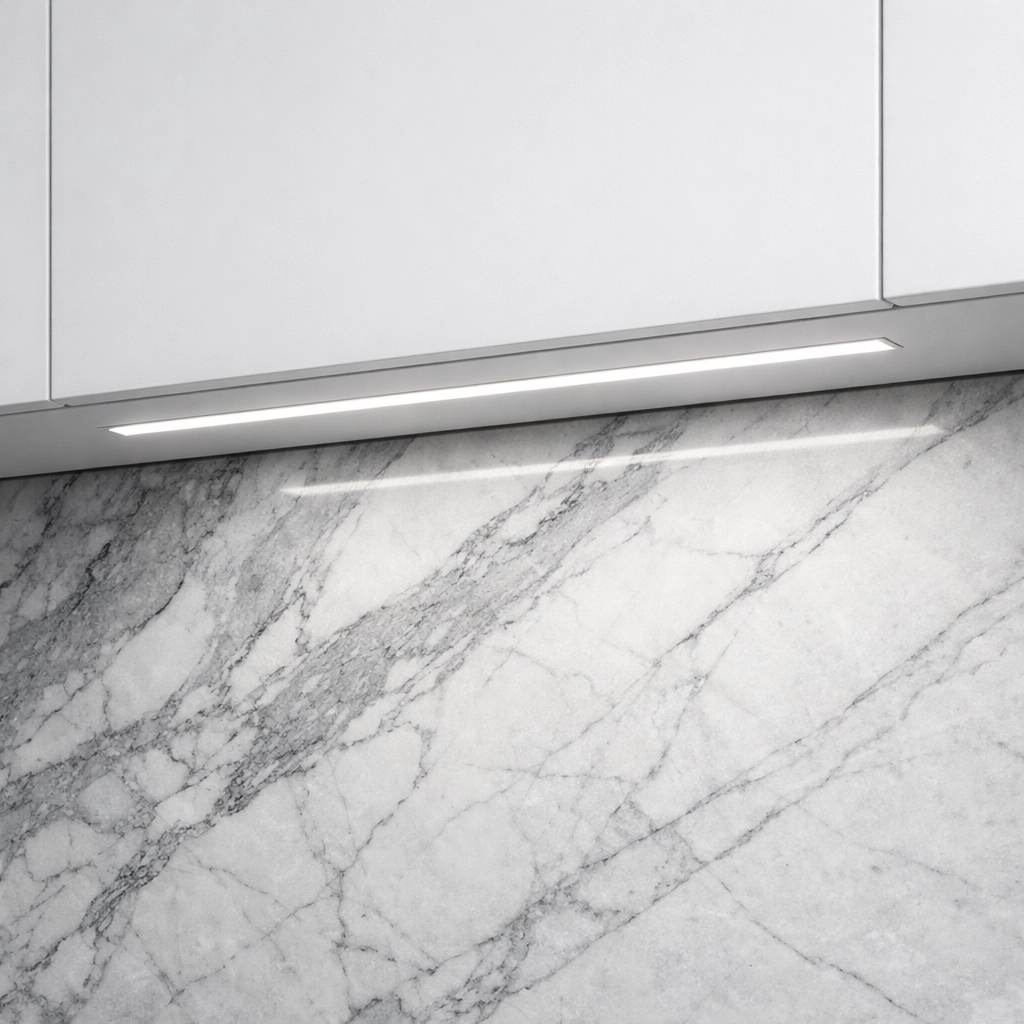 Neutral 4000K LED strip lighting highlighting a marble backsplash and modern white kitchen cabinets.