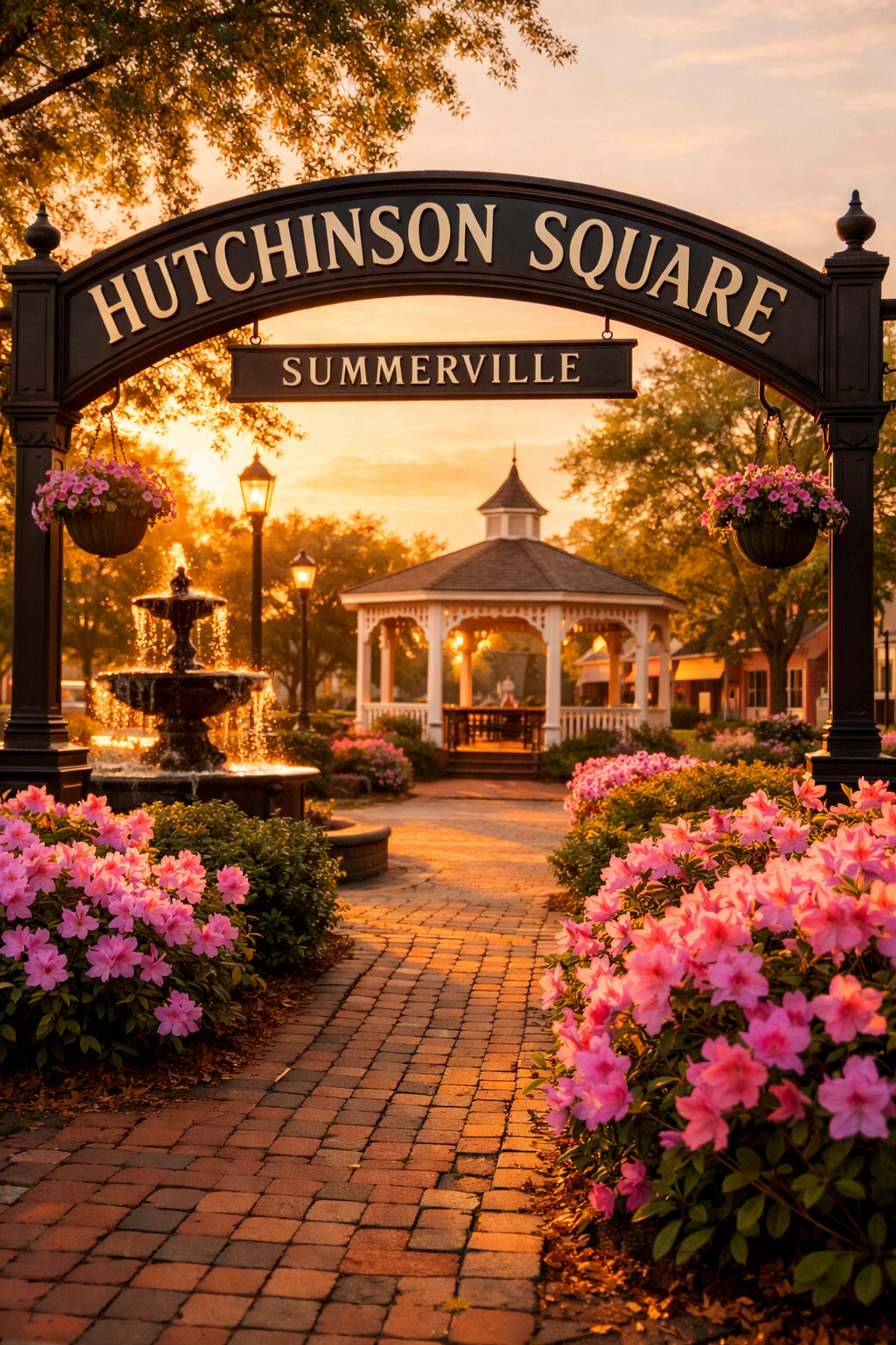 Hutchinson Square archway and fountain in historic downtown Summerville at golden hour