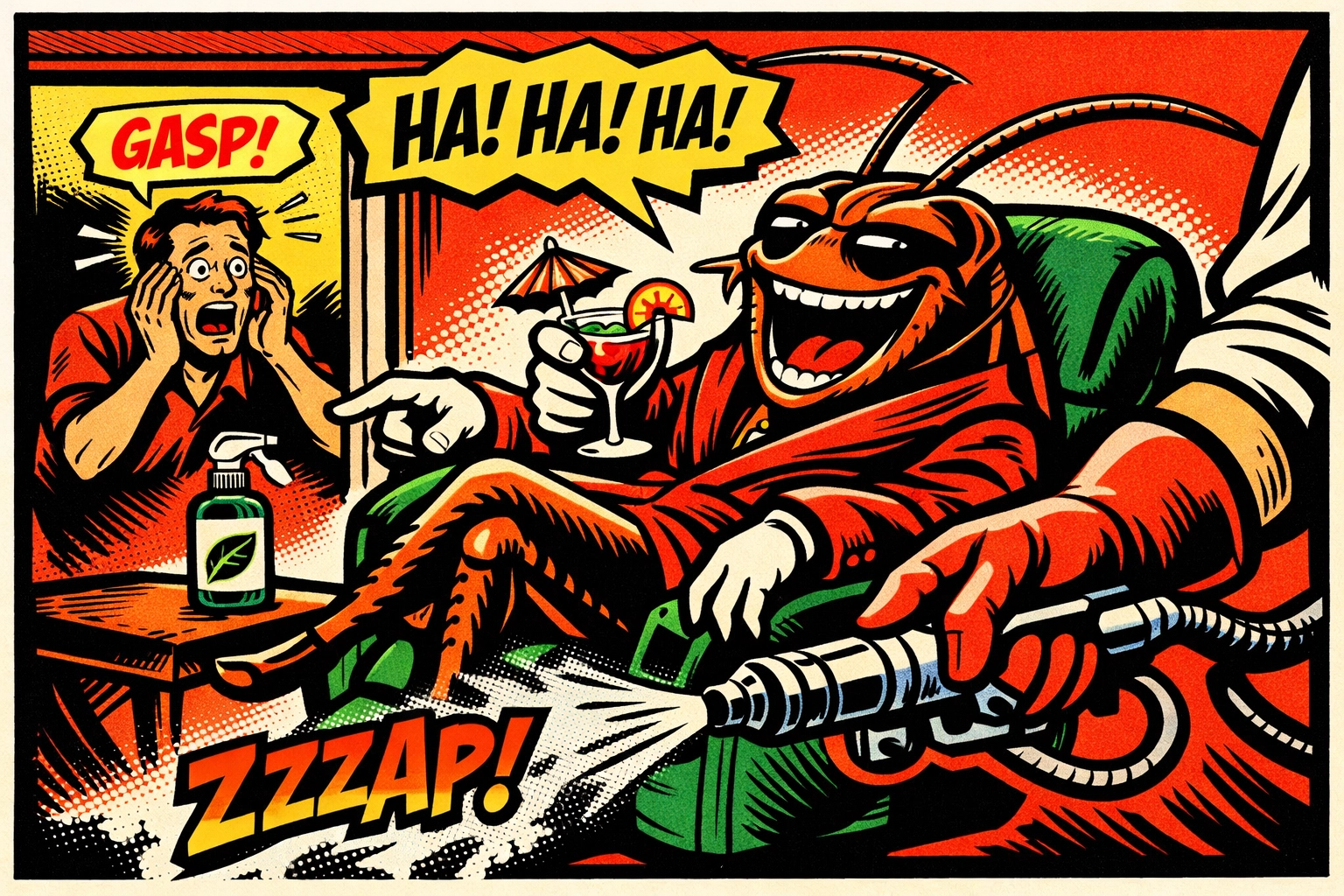 Large pest laughing at natural remedies while a pro exterminator in Jasper AL prepares to treat the home.