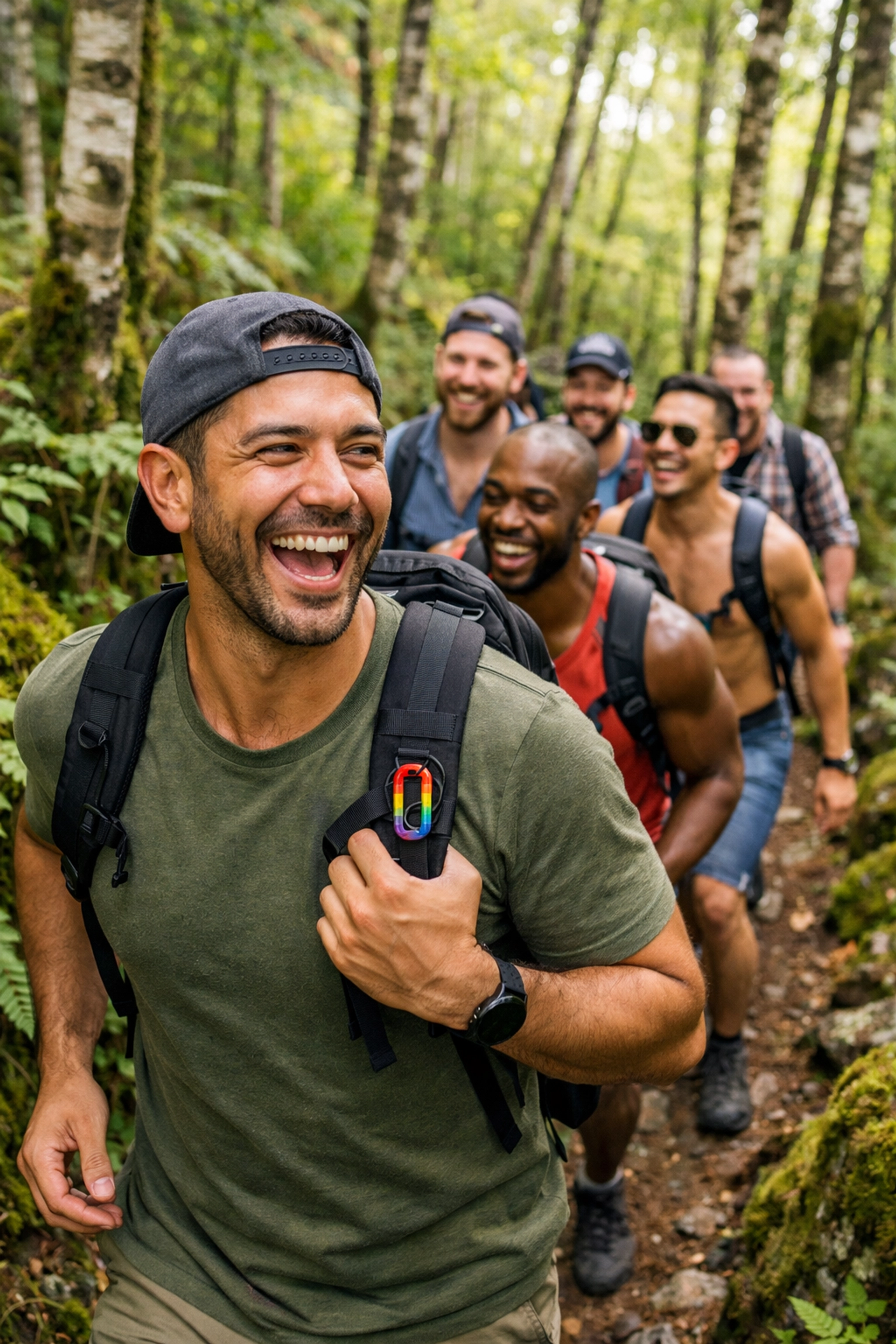A group of gay men laughing while hiking through a lush birch forest with a queer outdoor community group.