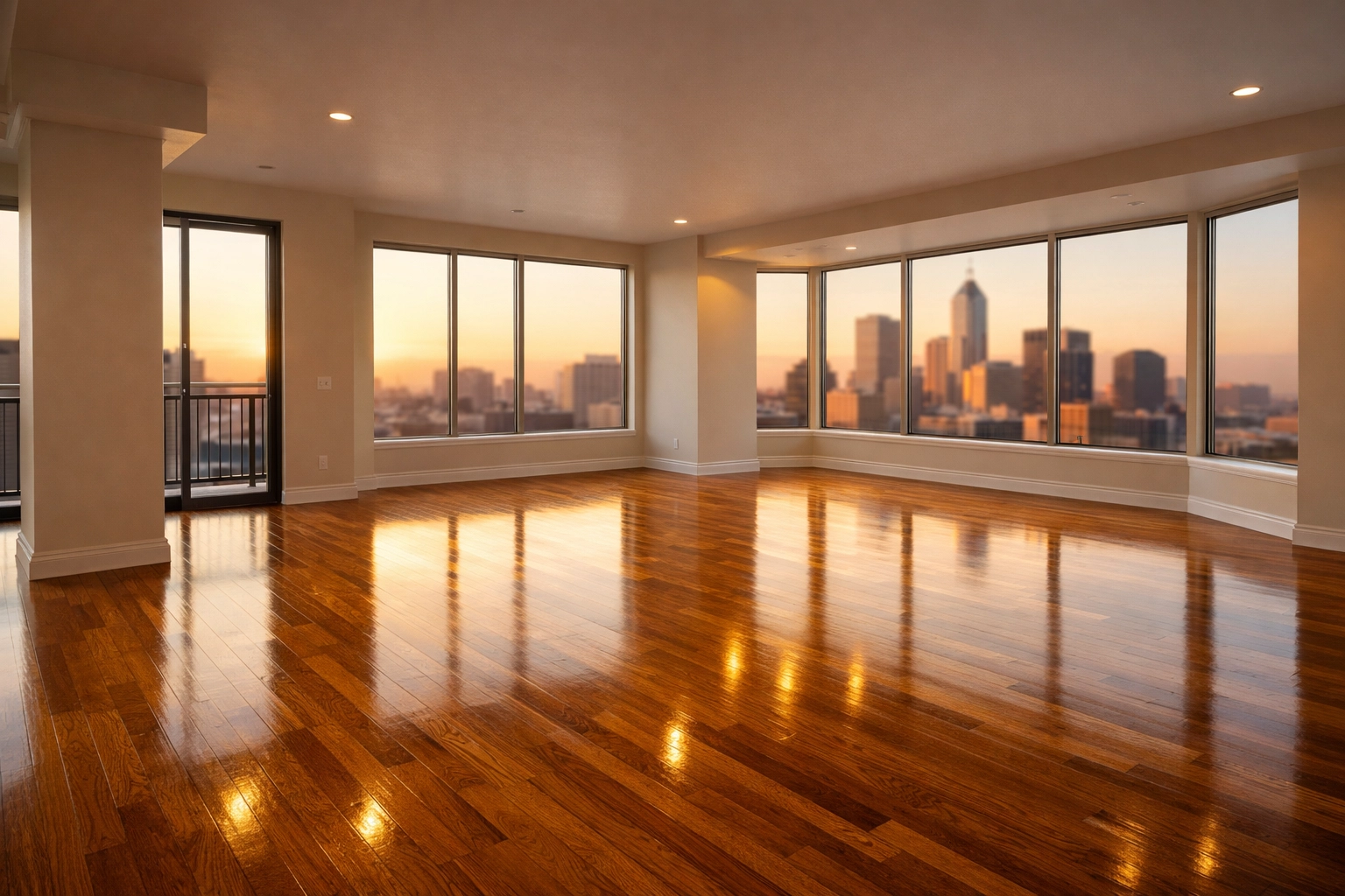 Empty rent-ready apartment with polished hardwood floors and a metropolitan city skyline view.