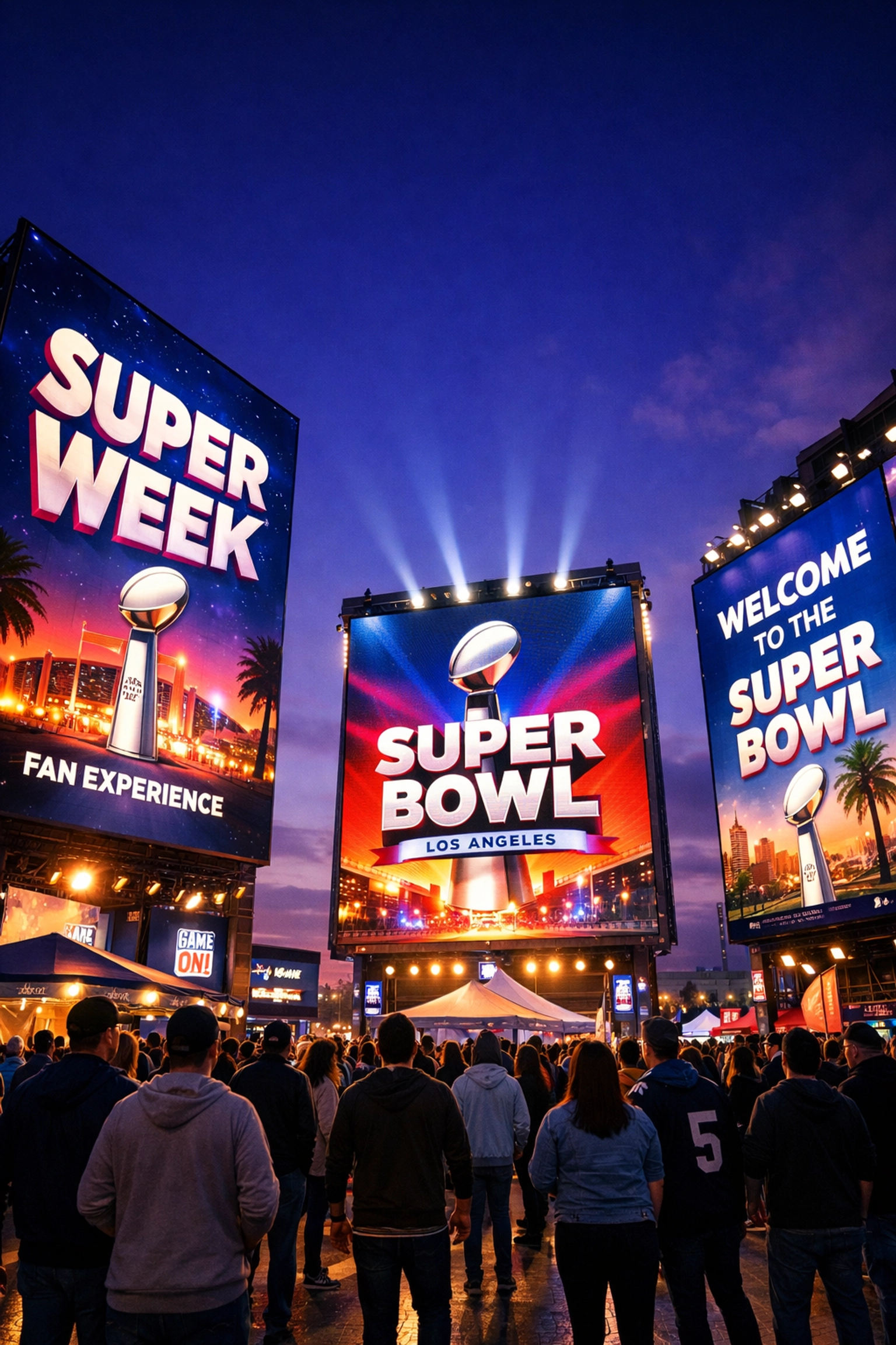 Large LED billboards at a Super Bowl fan zone showing the scale of programmatic out-of-home advertising.